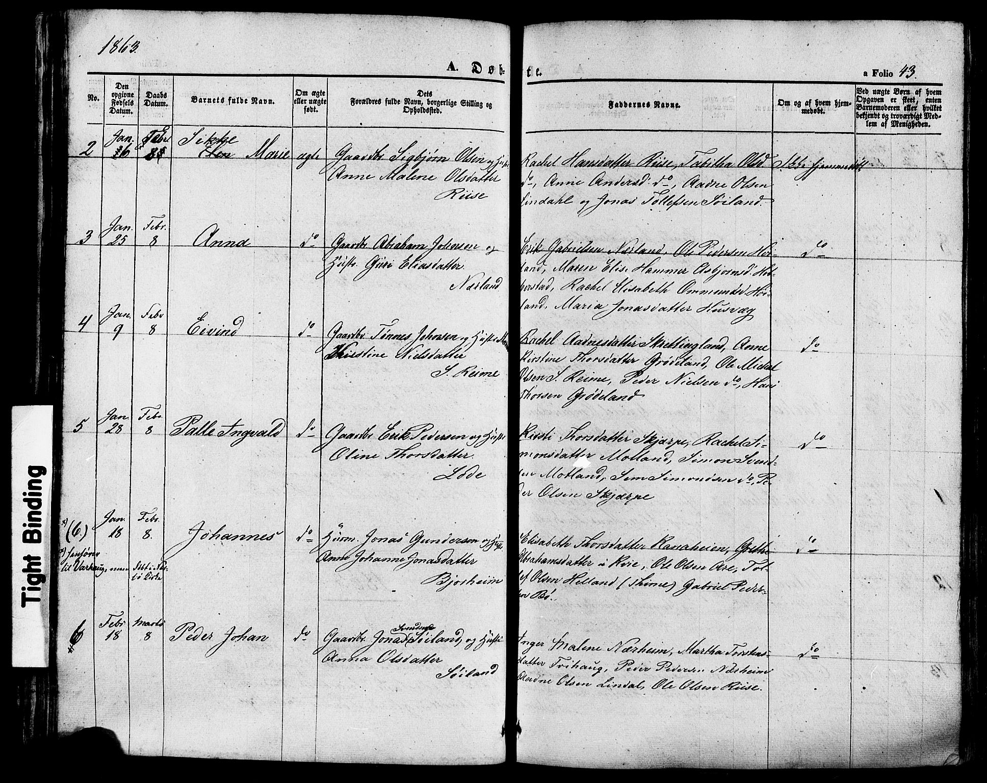 Hå sokneprestkontor, AV/SAST-A-101801/001/30BA/L0008: Parish register (official) no. A 7, 1853-1878, p. 43