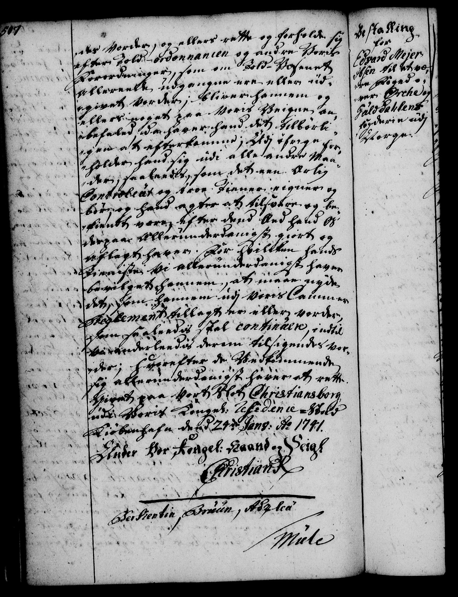 Rentekammeret, Kammerkanselliet, RA/EA-3111/G/Gg/Gge/L0002: Norsk bestallingsprotokoll med register (merket RK 53.26), 1730-1744, p. 507