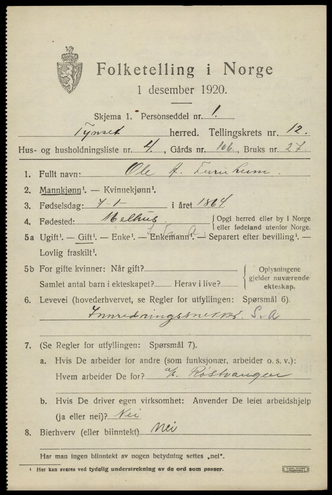 SAH, 1920 census for Tynset, 1920, p. 8358