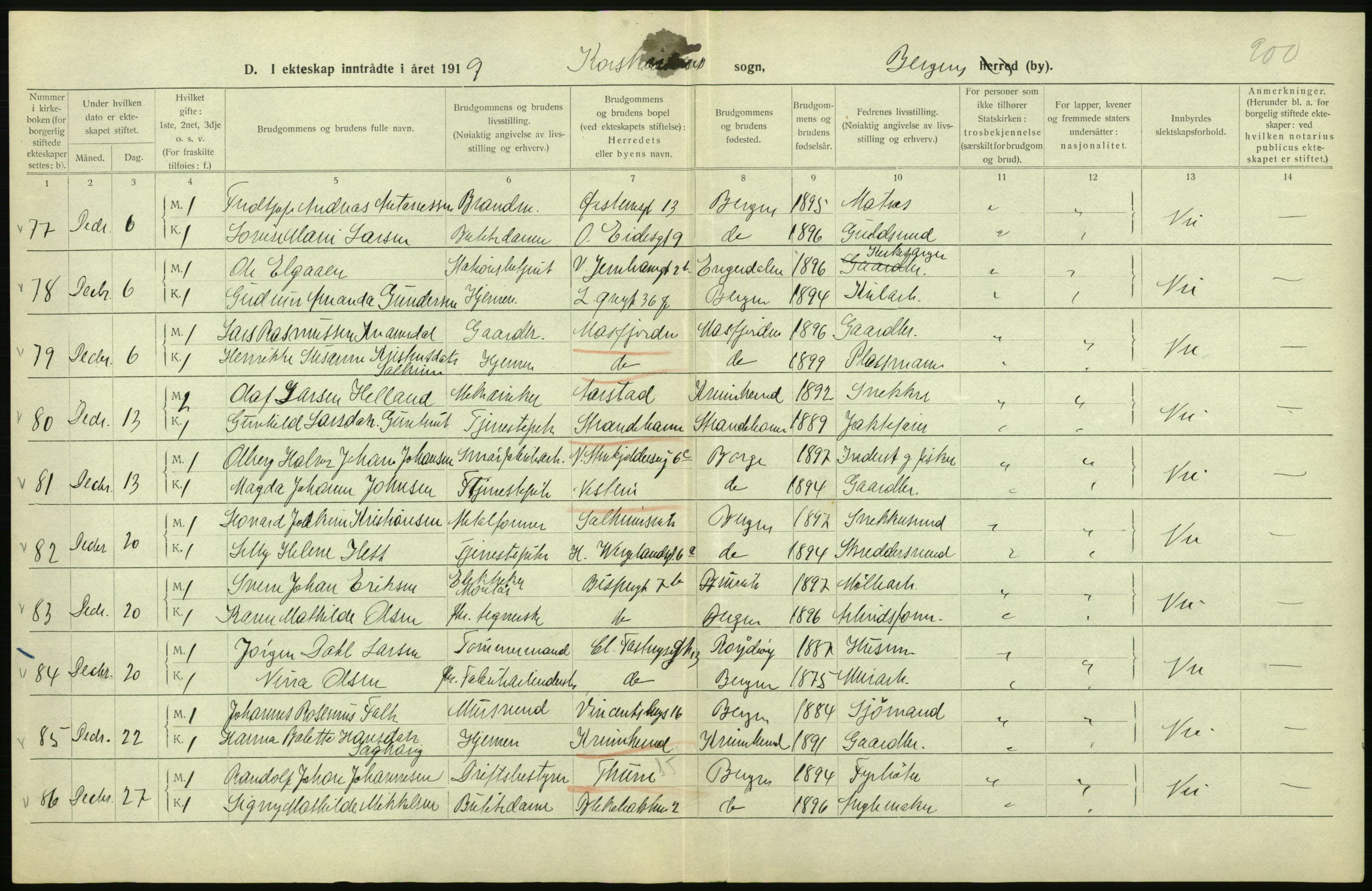 Statistisk sentralbyrå, Sosiodemografiske emner, Befolkning, RA/S-2228/D/Df/Dfb/Dfbi/L0035: Bergen: Gifte, døde, dødfødte., 1919, p. 234