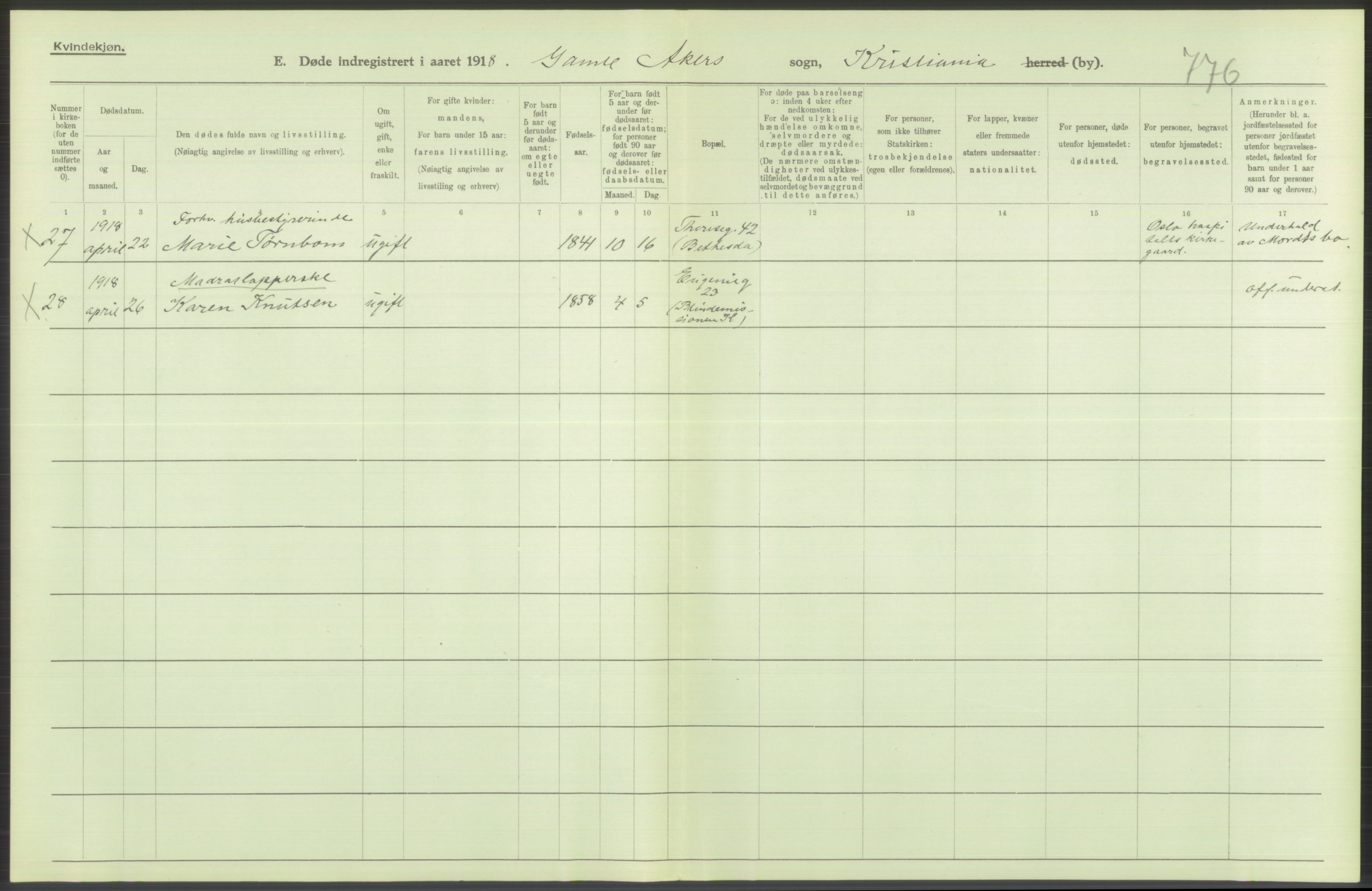 Statistisk sentralbyrå, Sosiodemografiske emner, Befolkning, AV/RA-S-2228/D/Df/Dfb/Dfbh/L0010: Kristiania: Døde, 1918, p. 348