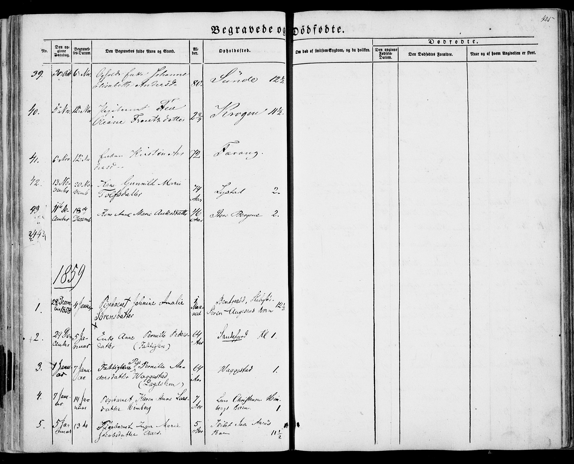 Sandar kirkebøker, SAKO/A-243/F/Fa/L0007: Parish register (official) no. 7, 1855-1861, p. 425