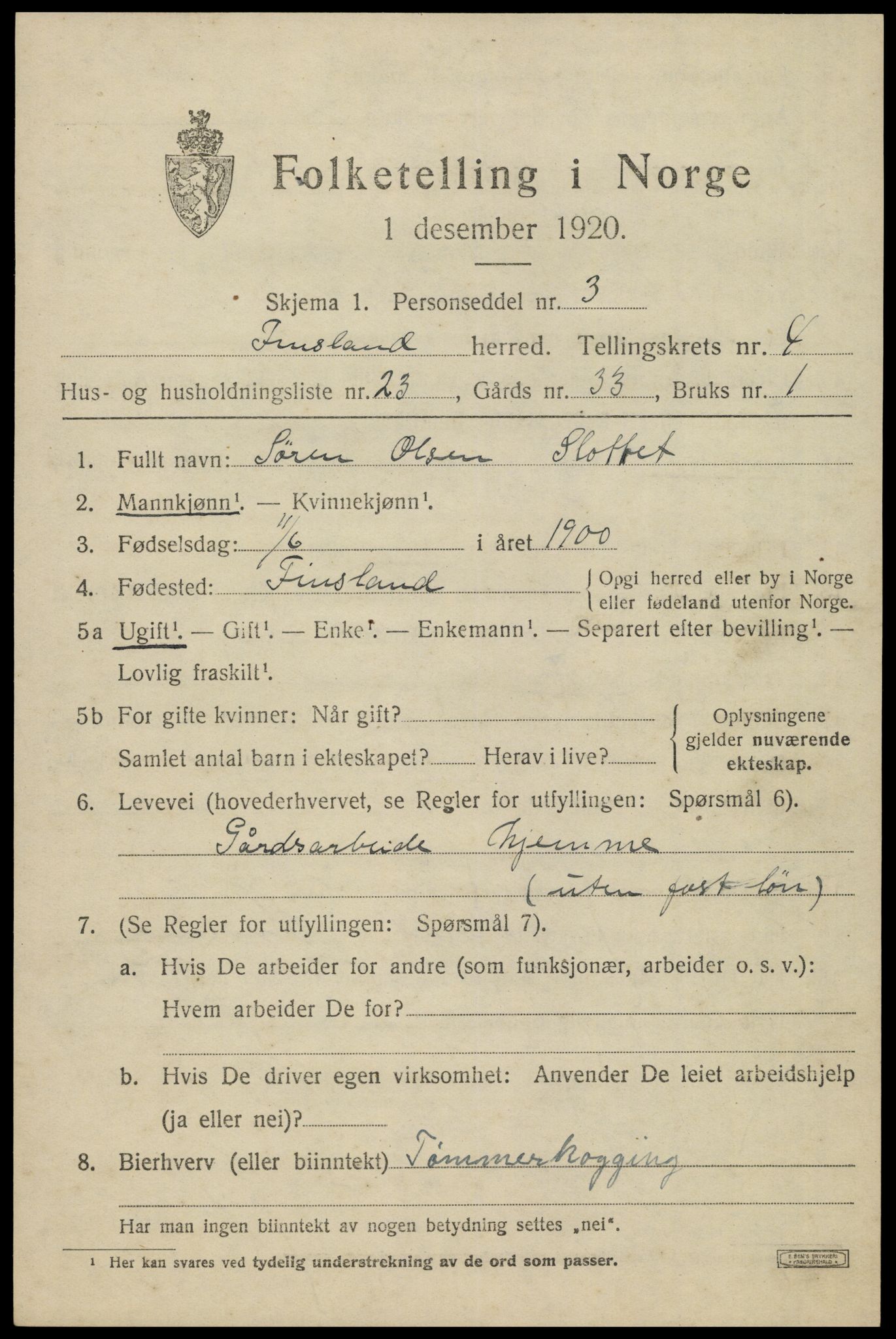 SAK, 1920 census for Finsland, 1920, p. 1800