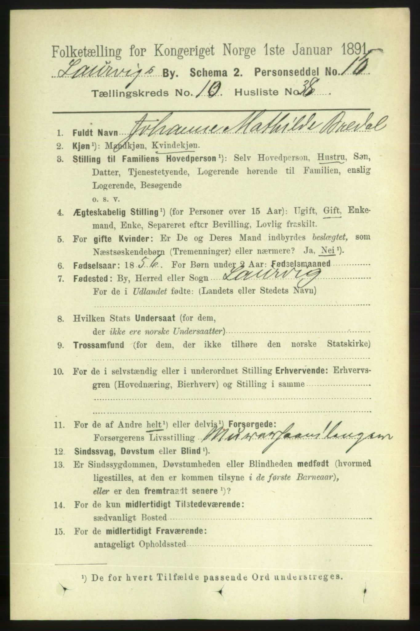 RA, 1891 census for 0707 Larvik, 1891, p. 9413