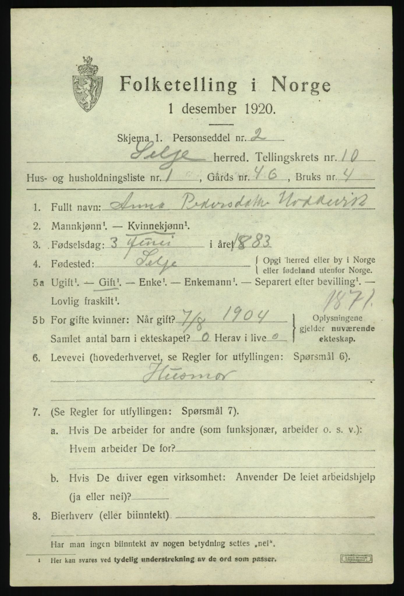 SAB, 1920 census for Selje, 1920, p. 4565