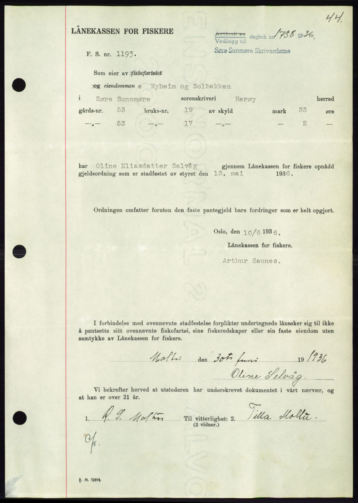 Søre Sunnmøre sorenskriveri, AV/SAT-A-4122/1/2/2C/L0062: Mortgage book no. 56, 1936-1937, Diary no: : 1738/1936