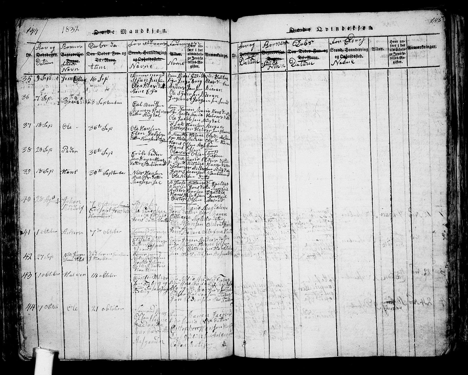 Borre kirkebøker, AV/SAKO-A-338/G/Ga/L0001: Parish register (copy) no. I 1, 1815-1851, p. 144-145