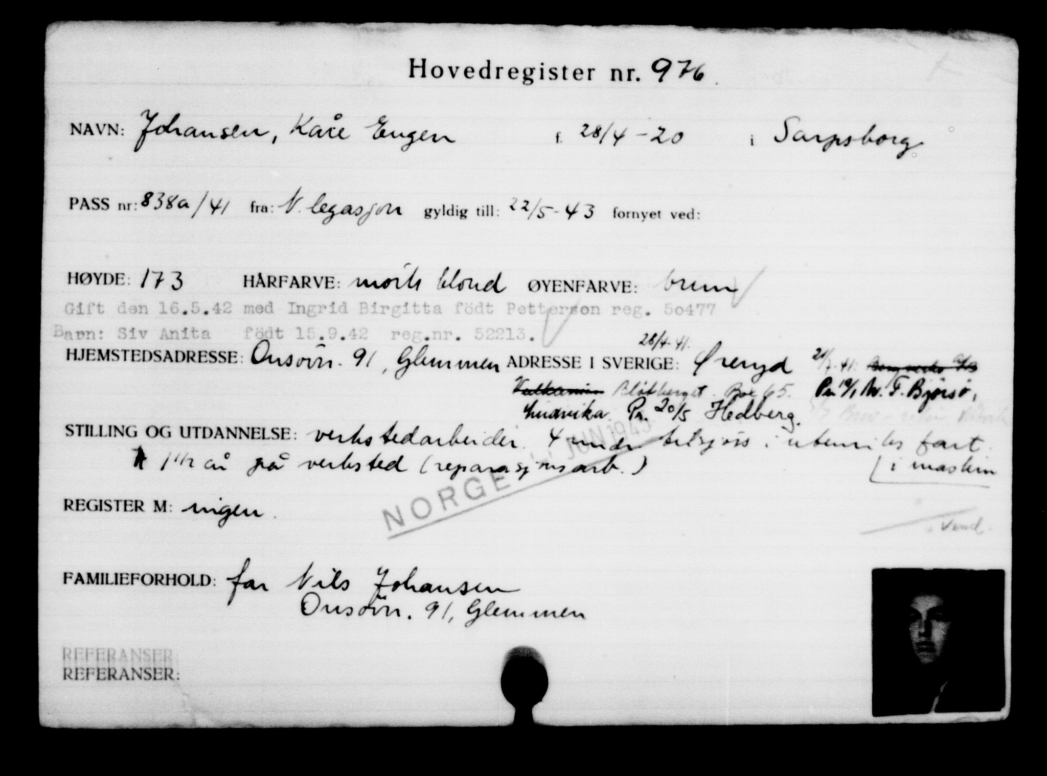 Utenriksstasjonene, Legasjonen i Stockholm, Flyktningkontoret, AV/RA-S-6753/V/Va/L0001: Kjesäterkartoteket, flyktninger med registreringsnr. 1-1000, 1940-1945, p. 1516