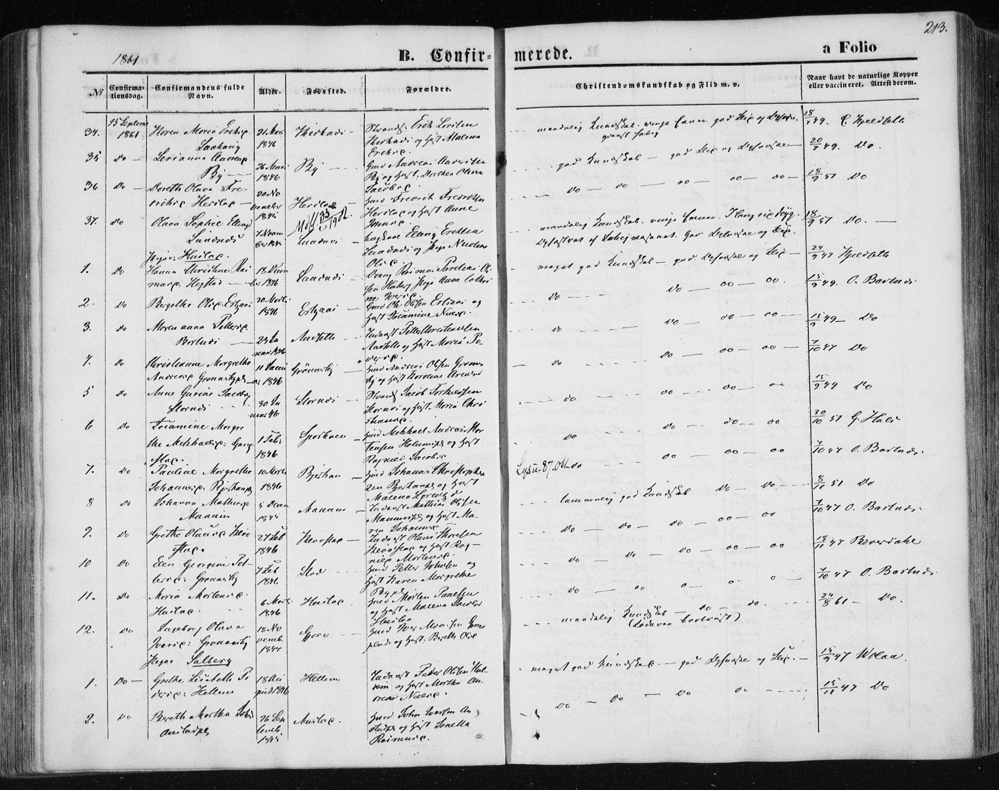 Ministerialprotokoller, klokkerbøker og fødselsregistre - Nord-Trøndelag, AV/SAT-A-1458/730/L0283: Parish register (official) no. 730A08, 1855-1865, p. 213