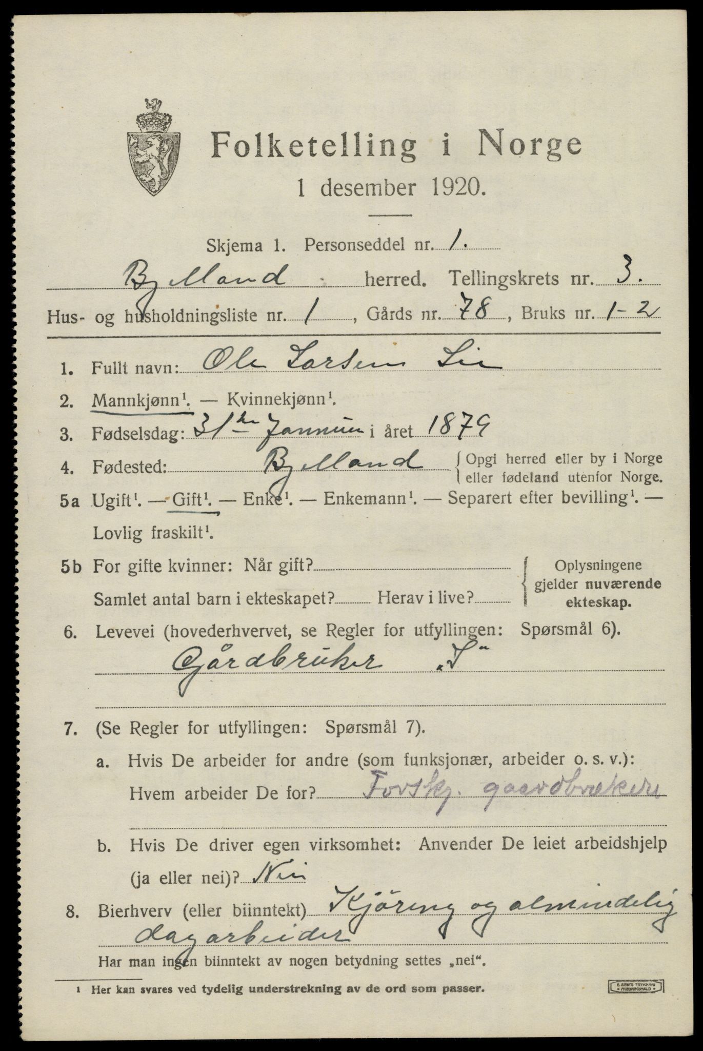 SAK, 1920 census for Bjelland, 1920, p. 953