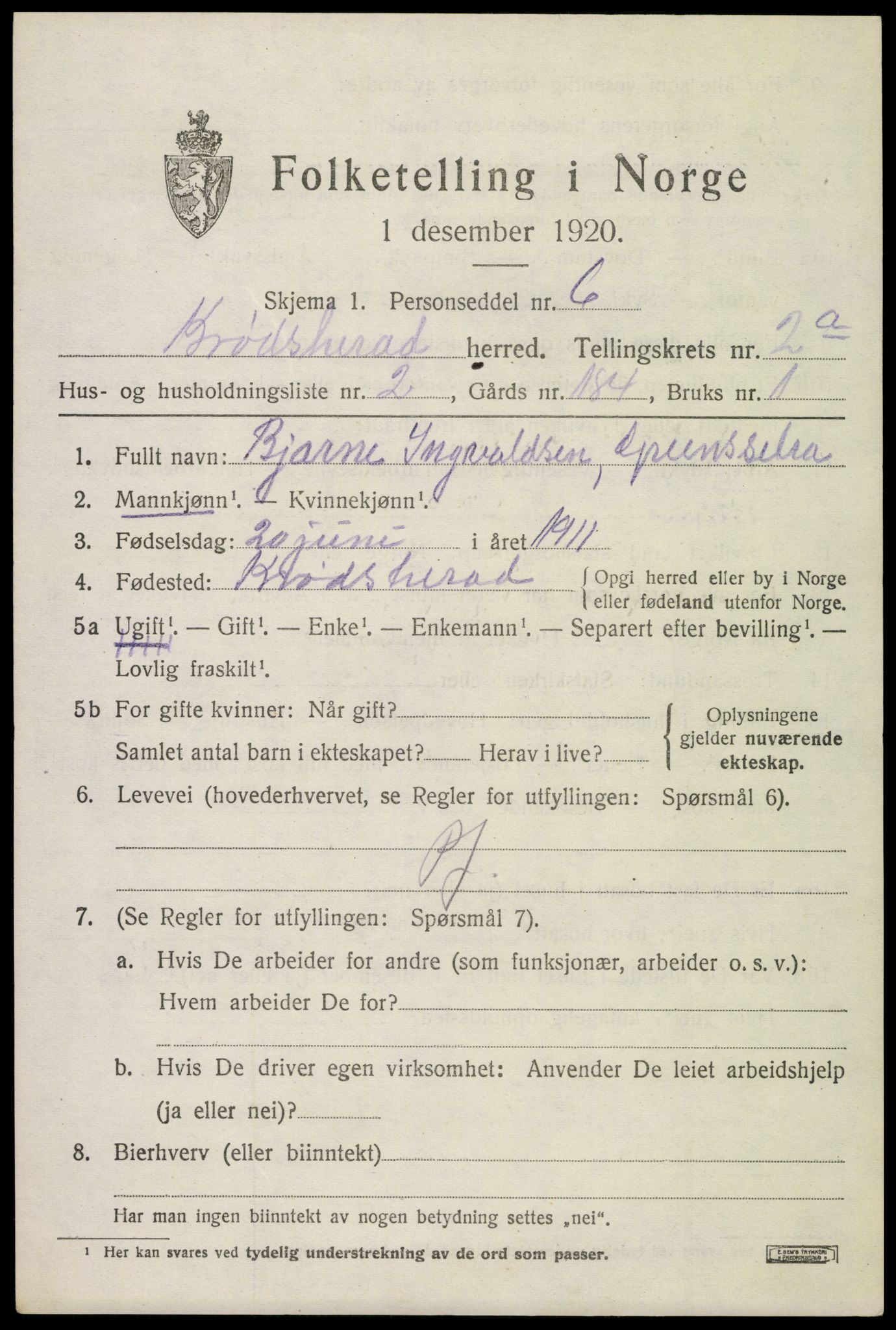 SAKO, 1920 census for Krødsherad, 1920, p. 2819