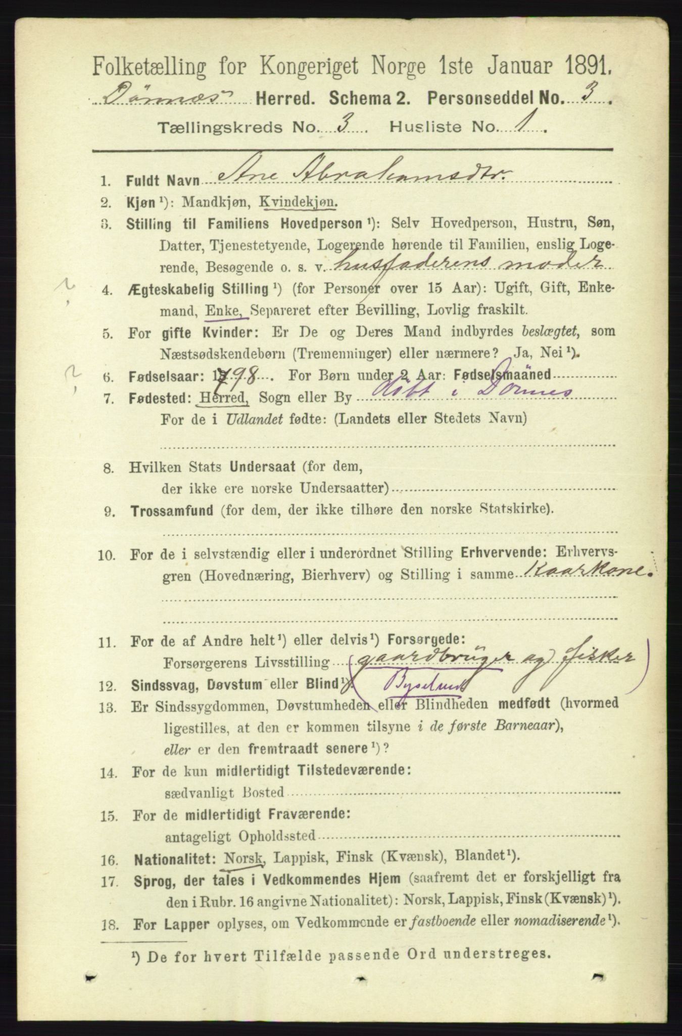 RA, 1891 census for 1827 Dønnes, 1891, p. 1259