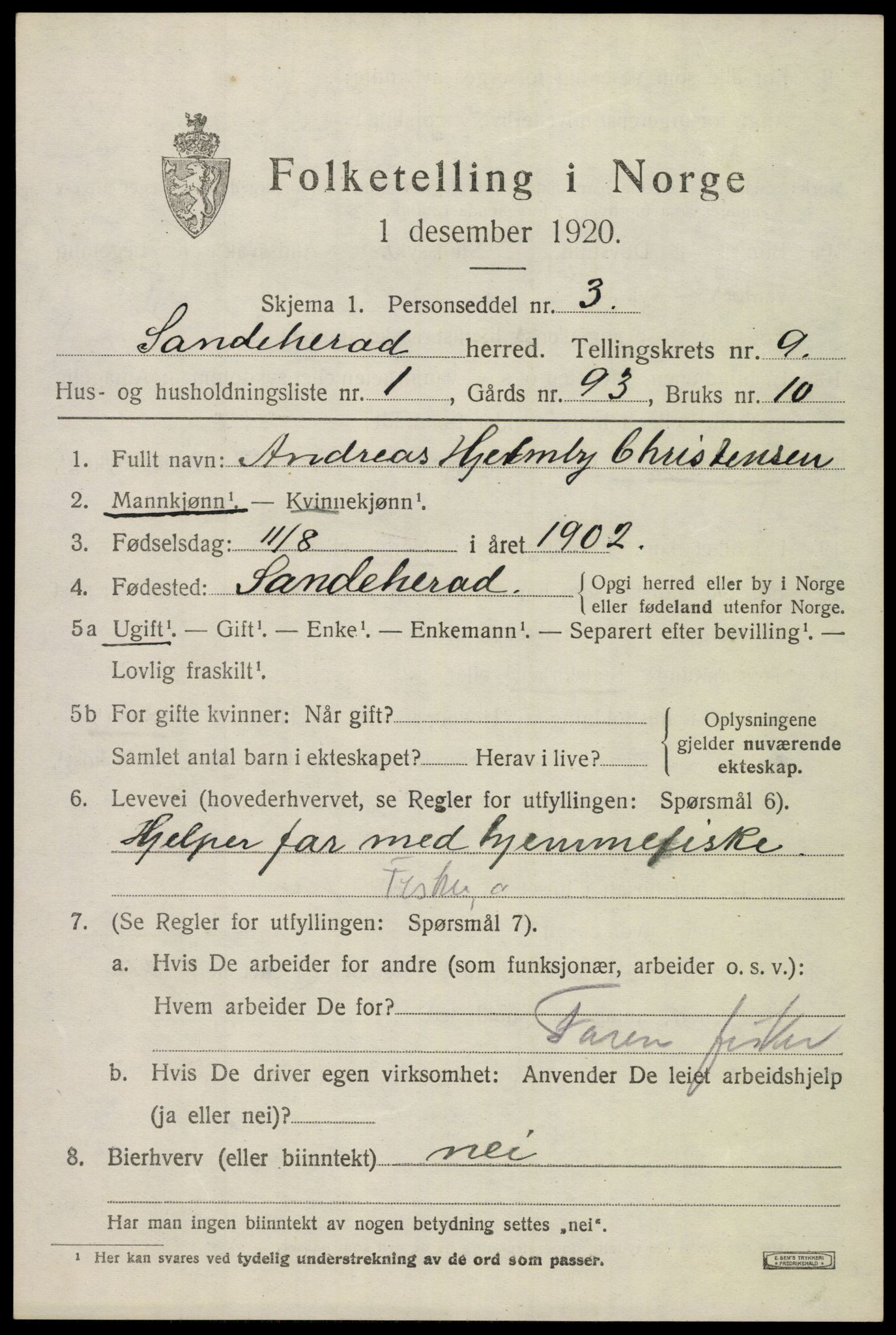 SAKO, 1920 census for Sandeherred, 1920, p. 14282