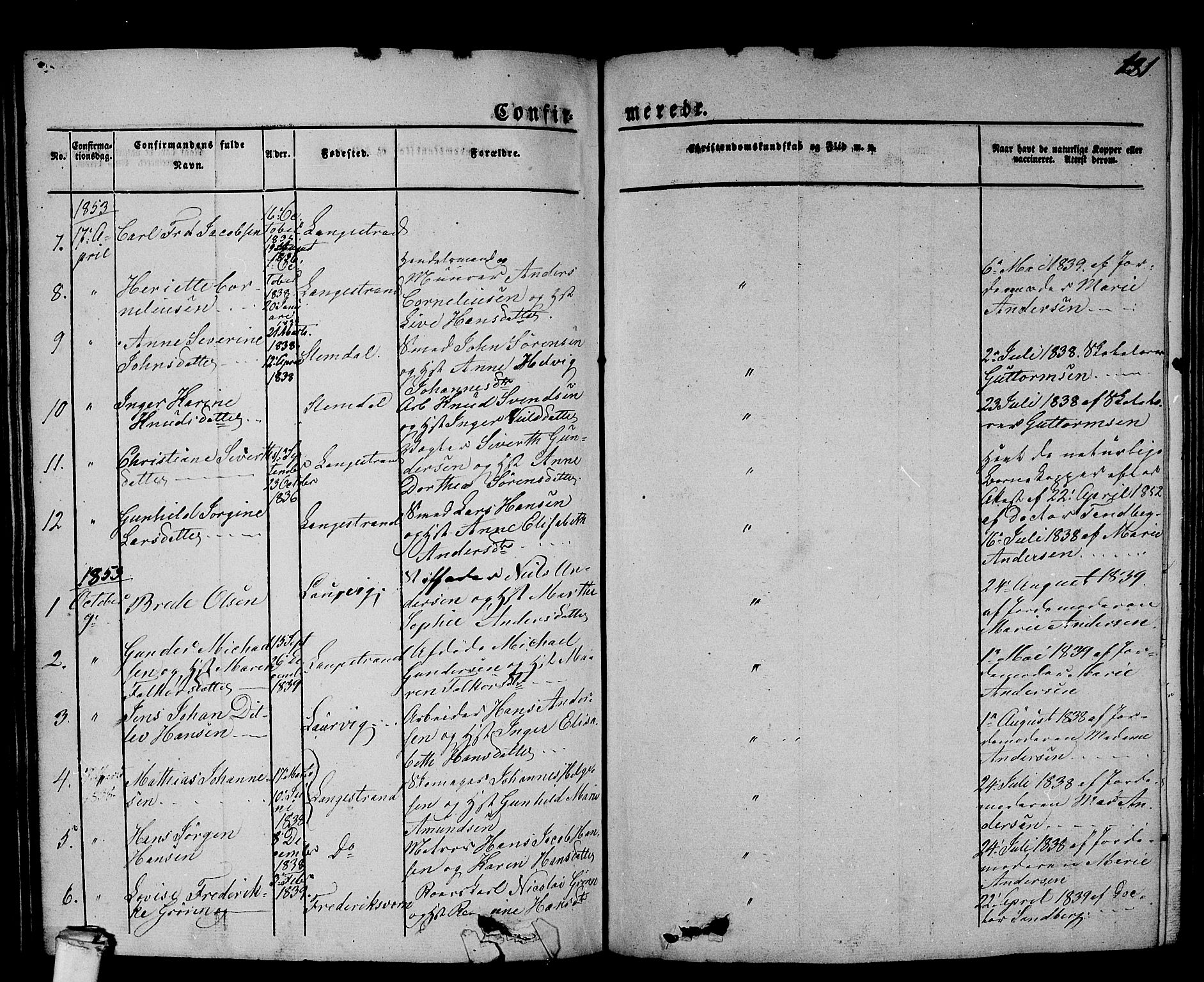Larvik kirkebøker, AV/SAKO-A-352/G/Gb/L0002: Parish register (copy) no. II 2, 1843-1866, p. 181