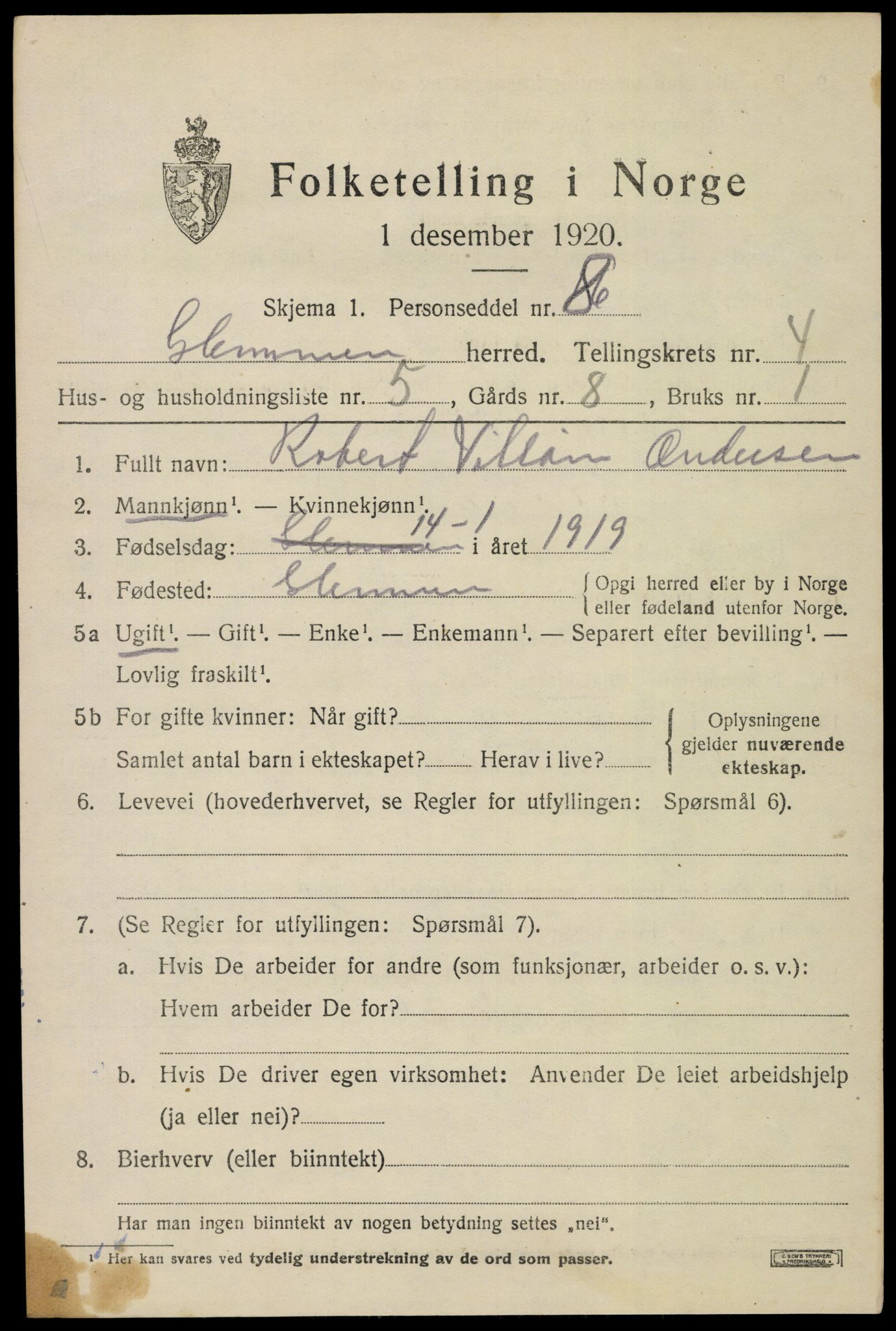 SAO, 1920 census for Glemmen, 1920, p. 15073