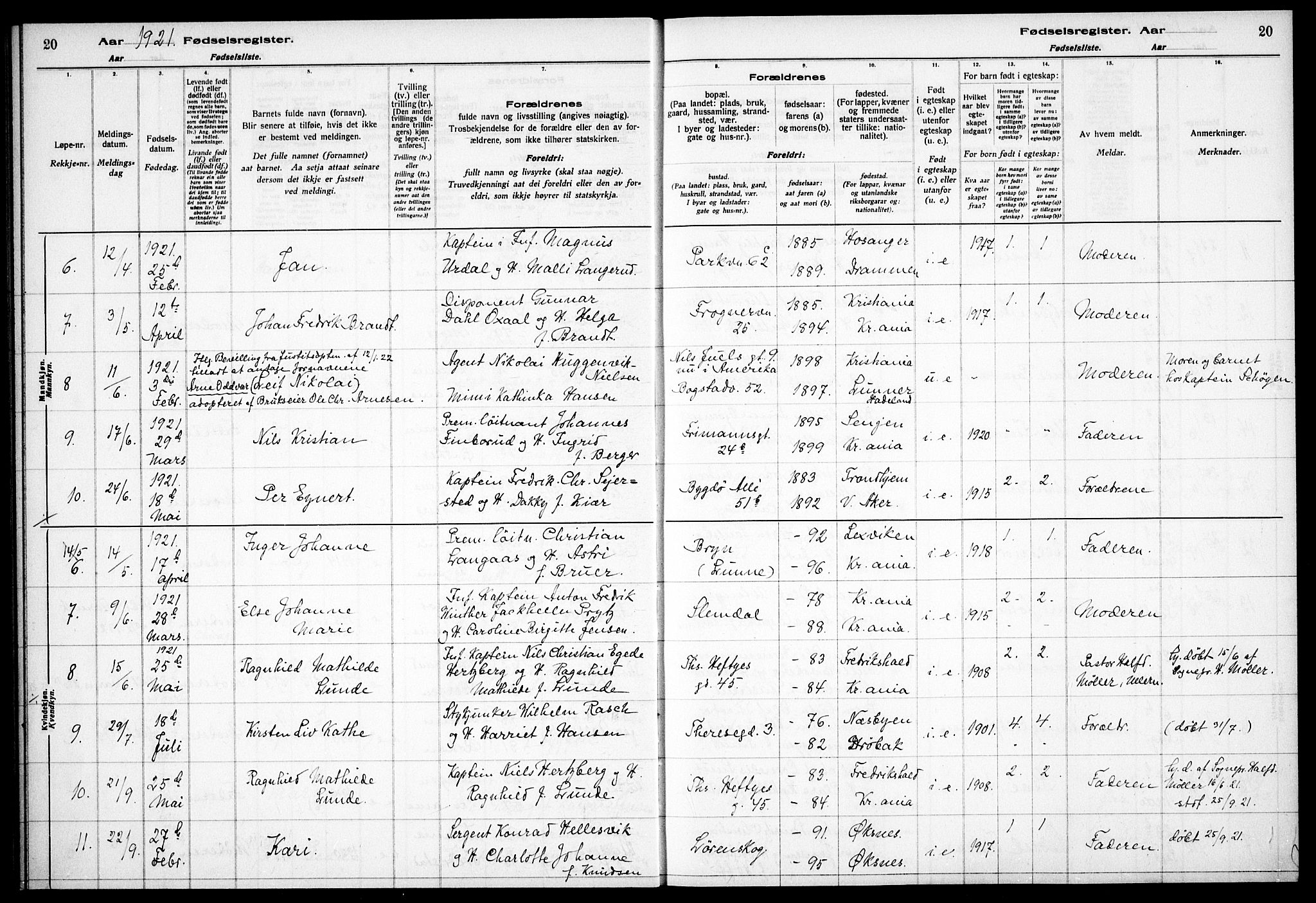 Garnisonsmenigheten Kirkebøker, AV/SAO-A-10846/J/Ja/L0001: Birth register no. 1, 1916-1938, p. 20