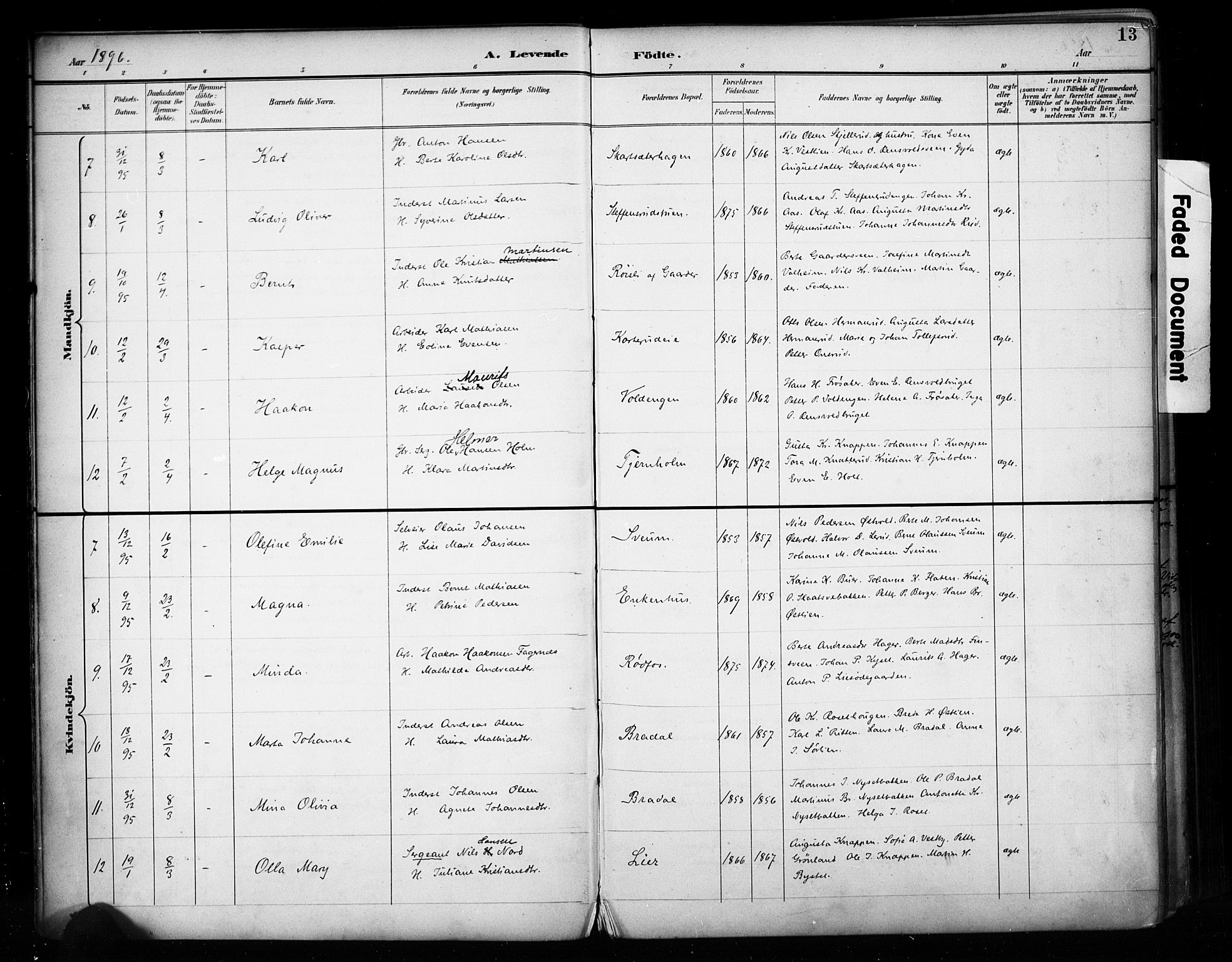 Vestre Toten prestekontor, SAH/PREST-108/H/Ha/Haa/L0011: Parish register (official) no. 11, 1895-1906, p. 13