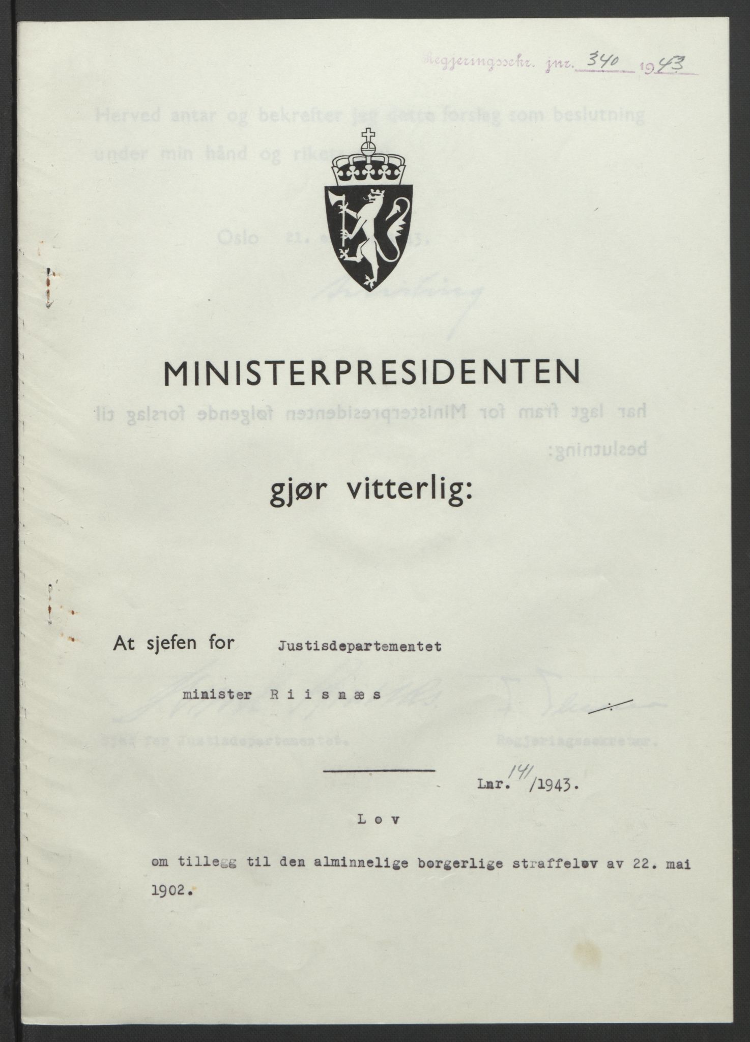 NS-administrasjonen 1940-1945 (Statsrådsekretariatet, de kommisariske statsråder mm), RA/S-4279/D/Db/L0099: Lover, 1943, p. 657
