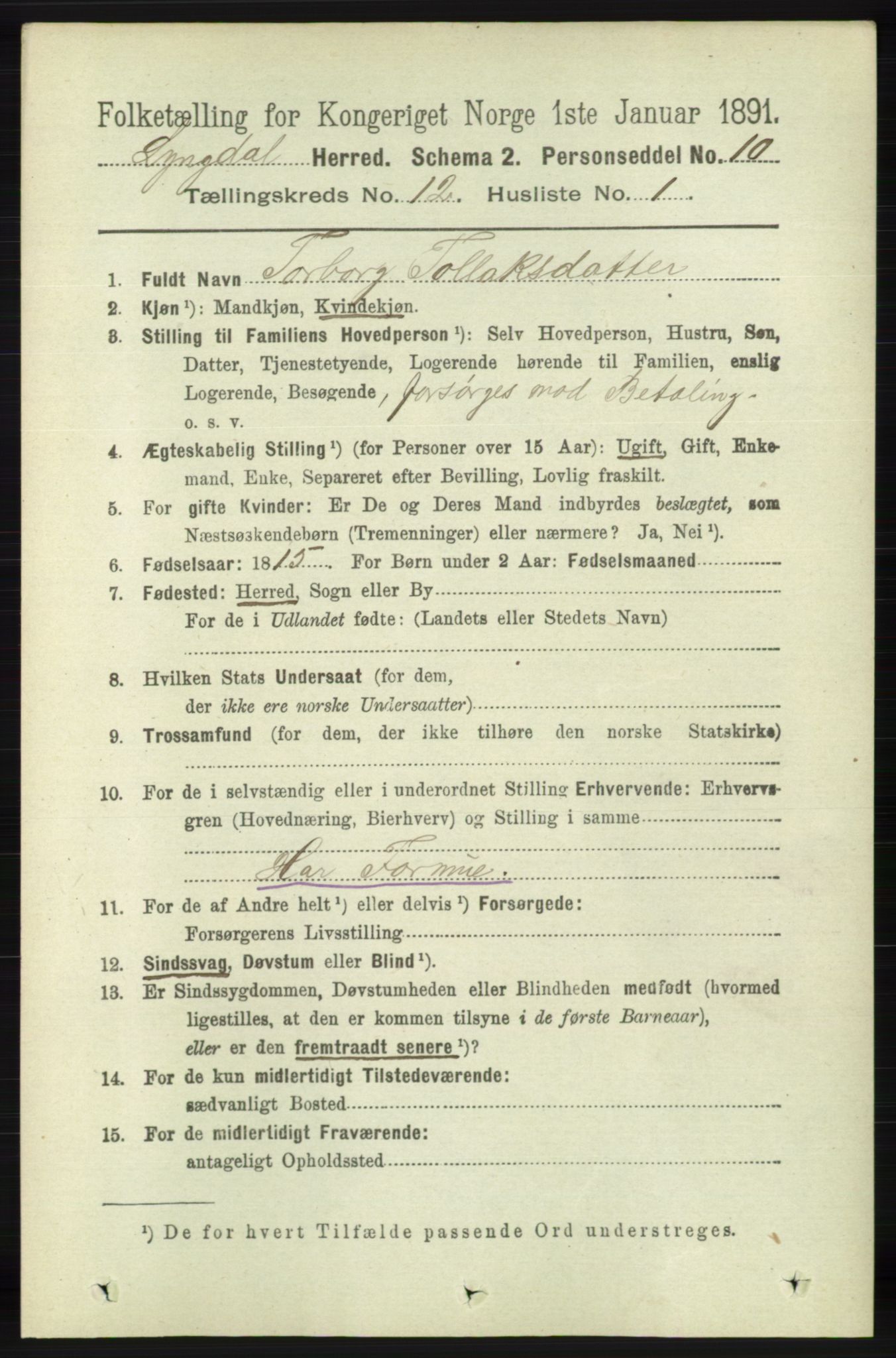 RA, 1891 census for 1032 Lyngdal, 1891, p. 5266