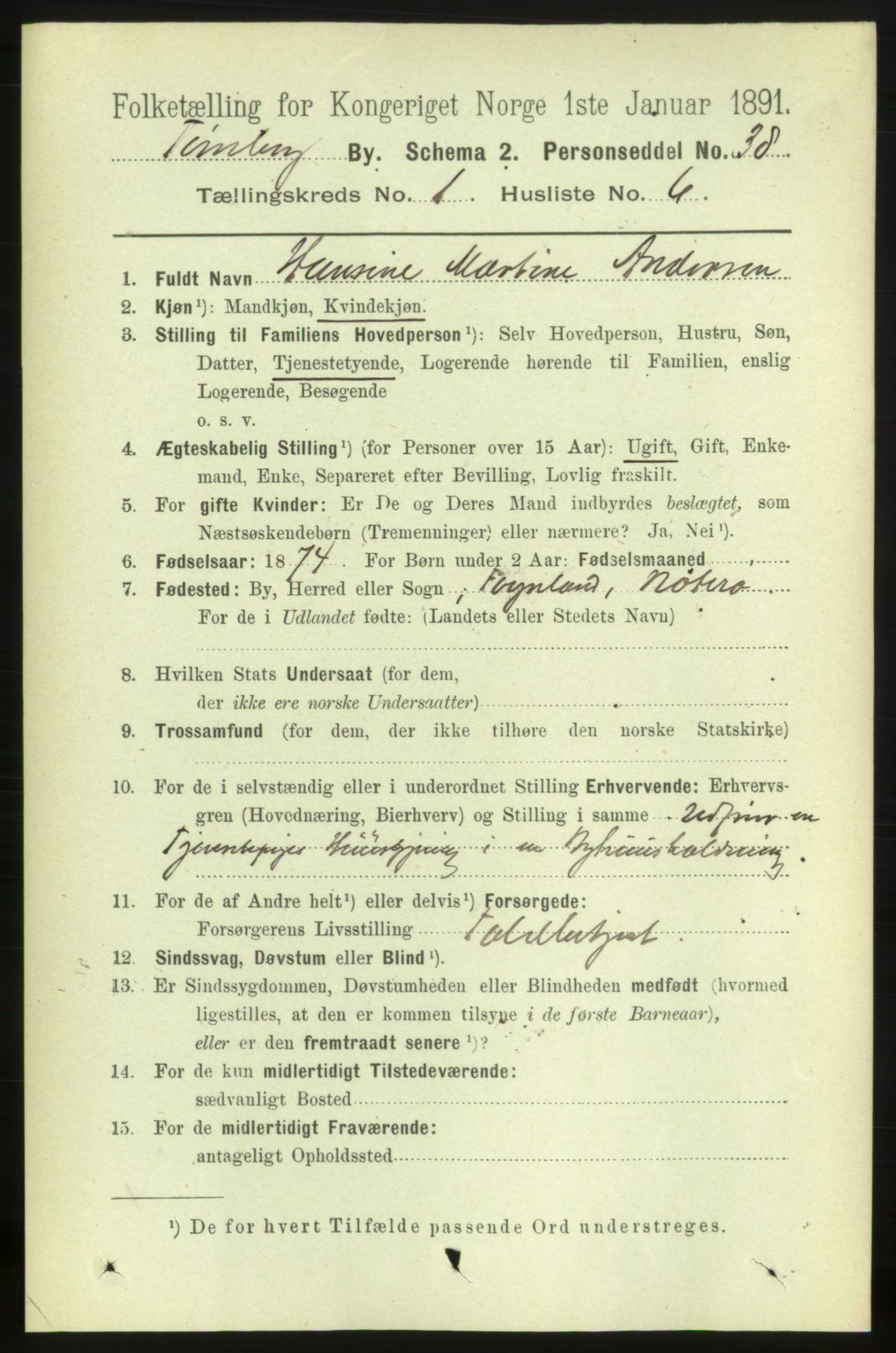 RA, 1891 census for 0705 Tønsberg, 1891, p. 1255