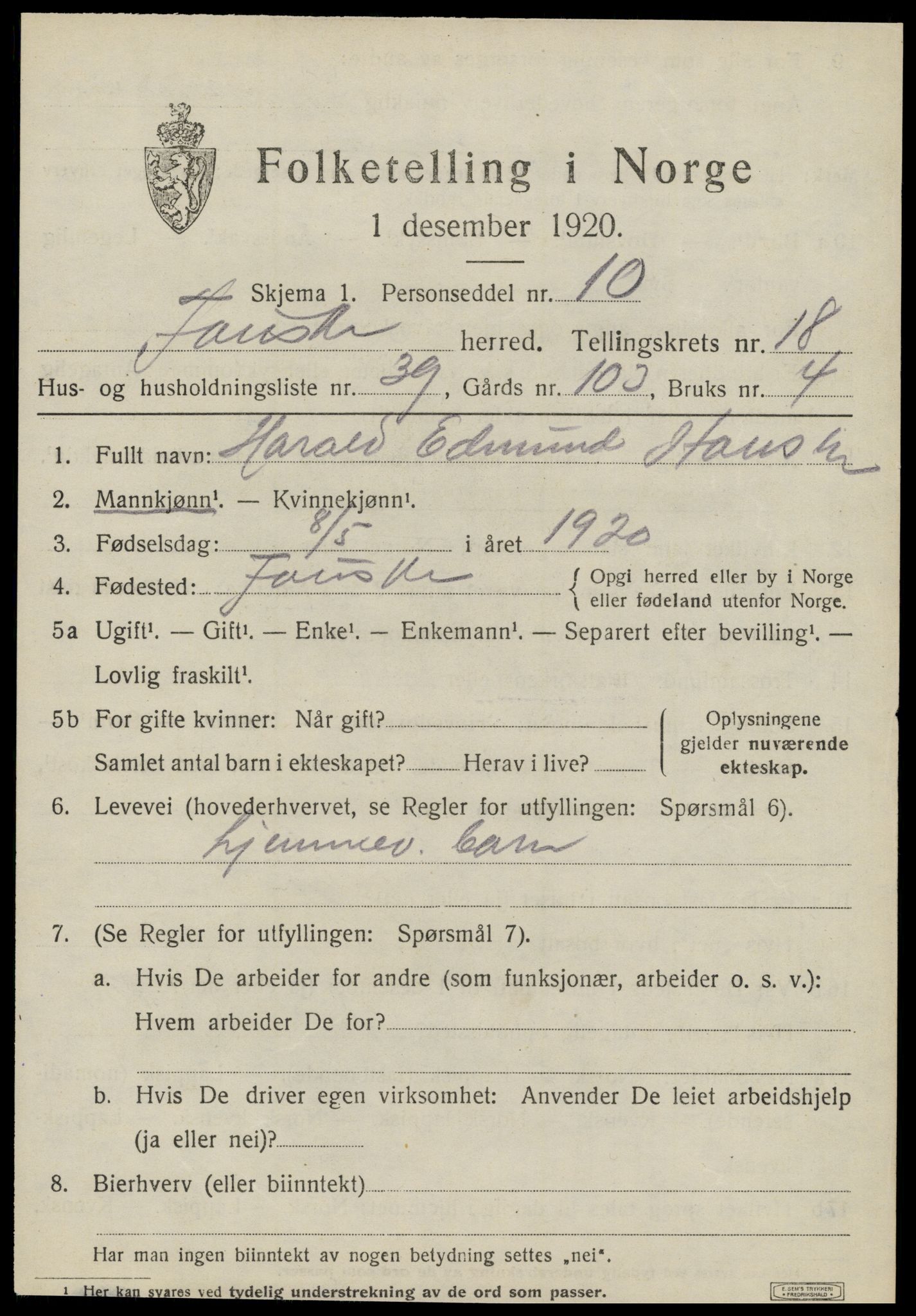 SAT, 1920 census for Fauske, 1920, p. 11392