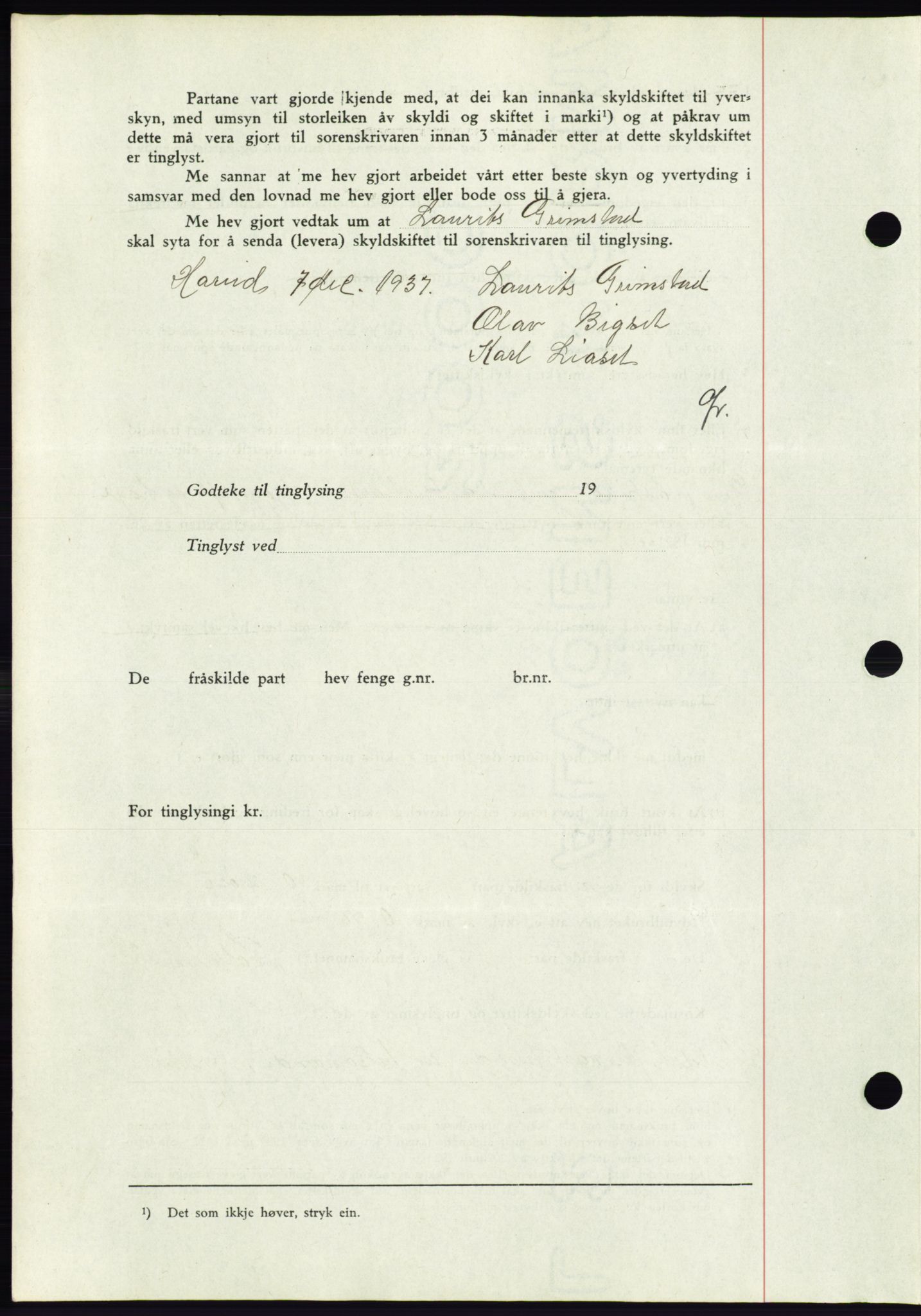 Søre Sunnmøre sorenskriveri, AV/SAT-A-4122/1/2/2C/L0064: Mortgage book no. 58, 1937-1938, Diary no: : 1984/1937