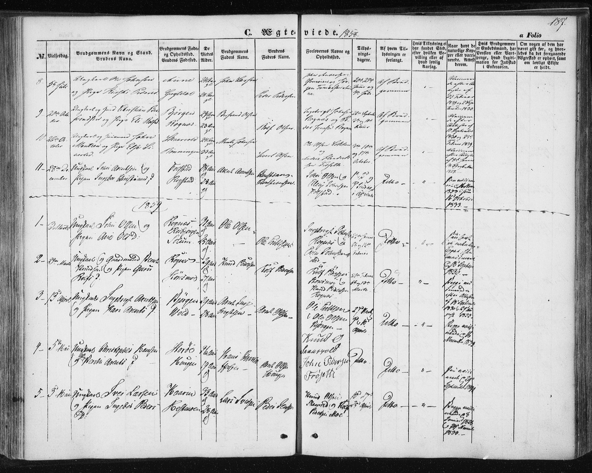 Ministerialprotokoller, klokkerbøker og fødselsregistre - Sør-Trøndelag, AV/SAT-A-1456/687/L1000: Parish register (official) no. 687A06, 1848-1869, p. 187