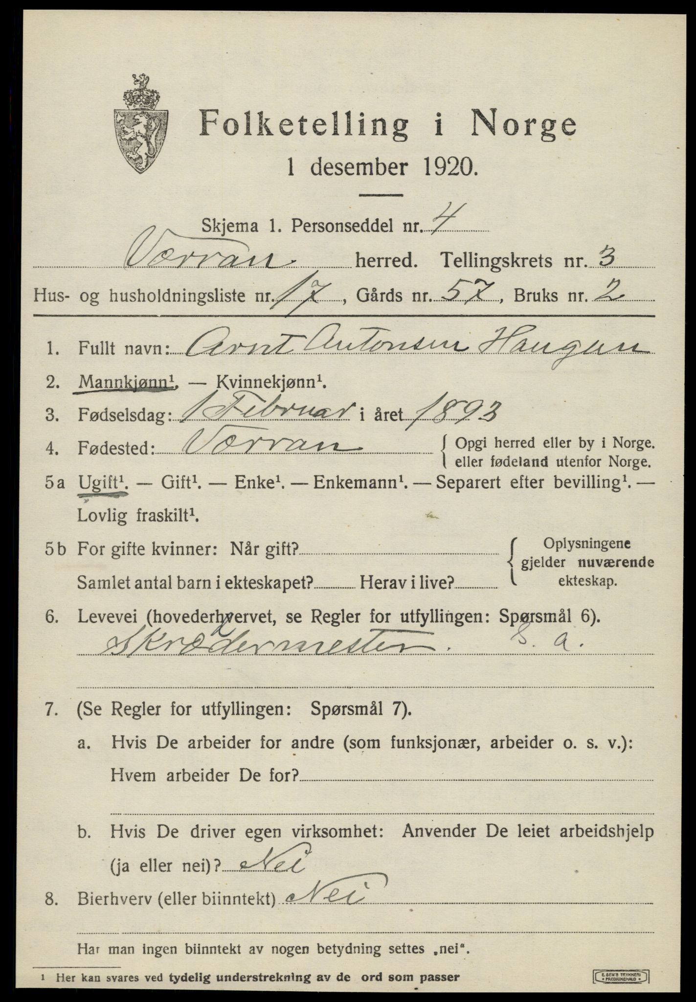 SAT, 1920 census for Verran, 1920, p. 1502