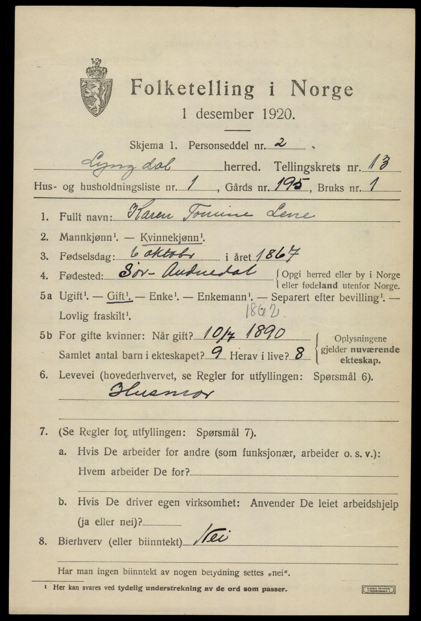 SAK, 1920 census for Lyngdal, 1920, p. 5829