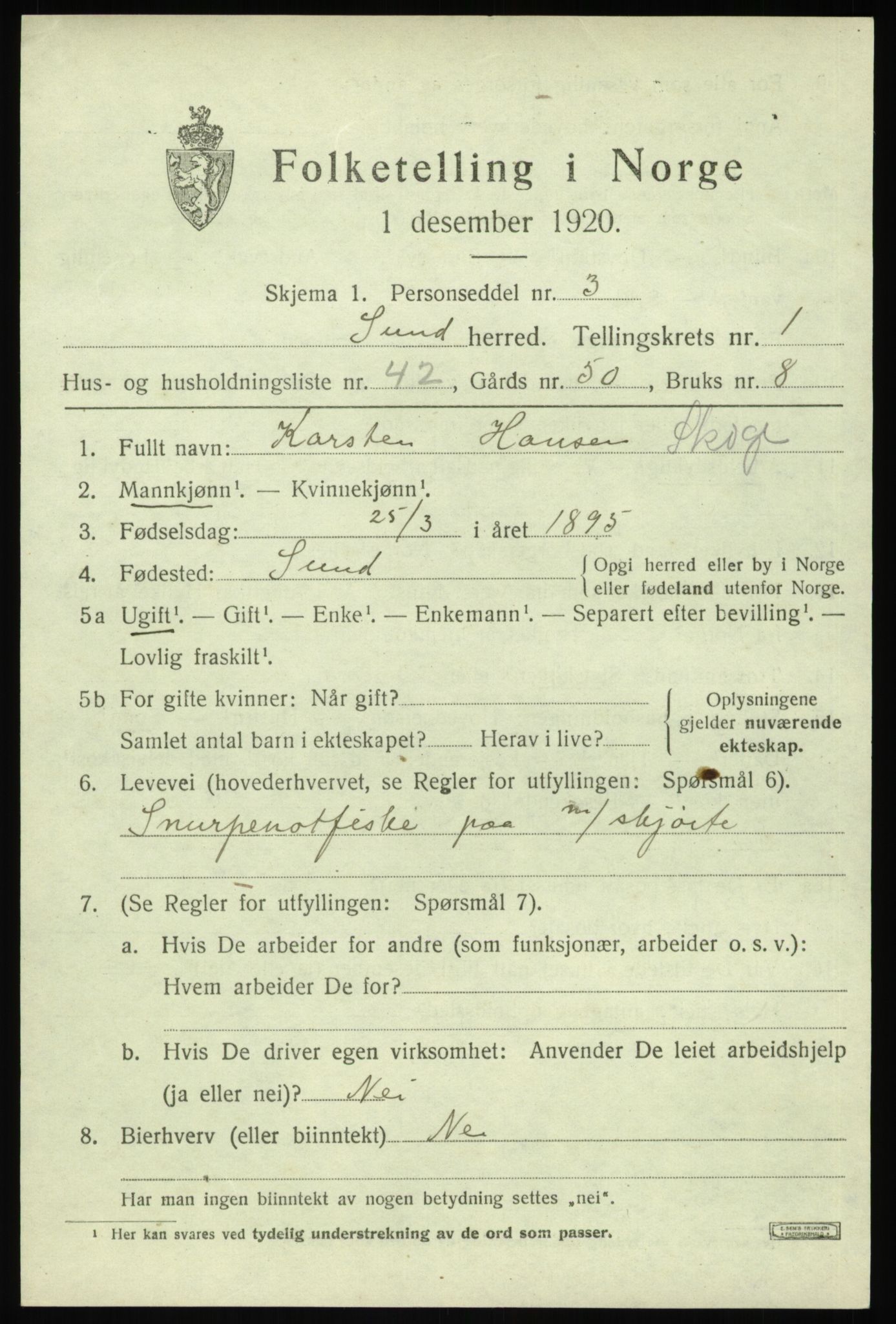 SAB, 1920 census for Sund, 1920, p. 1483