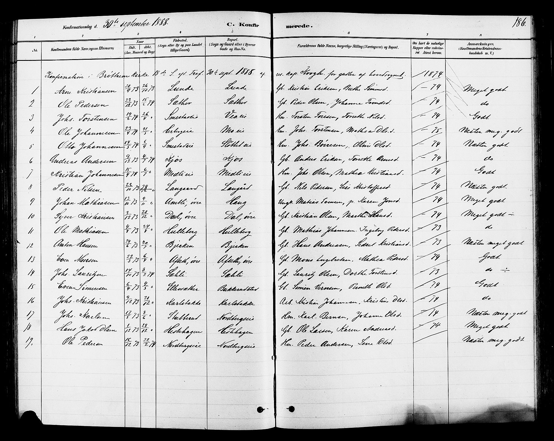 Ringsaker prestekontor, SAH/PREST-014/L/La/L0009: Parish register (copy) no. 9, 1879-1890, p. 186