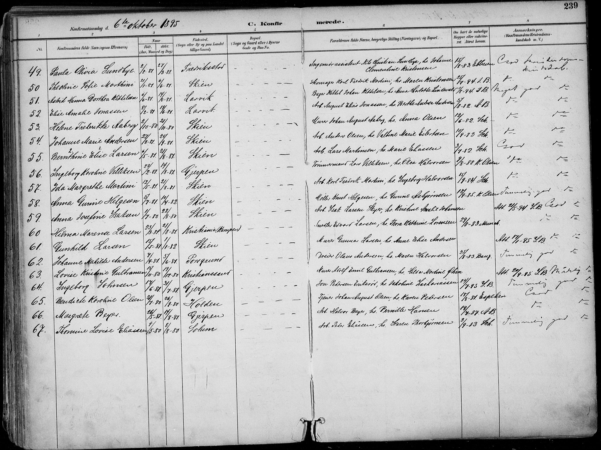 Skien kirkebøker, SAKO/A-302/F/Fa/L0010: Parish register (official) no. 10, 1891-1899, p. 239