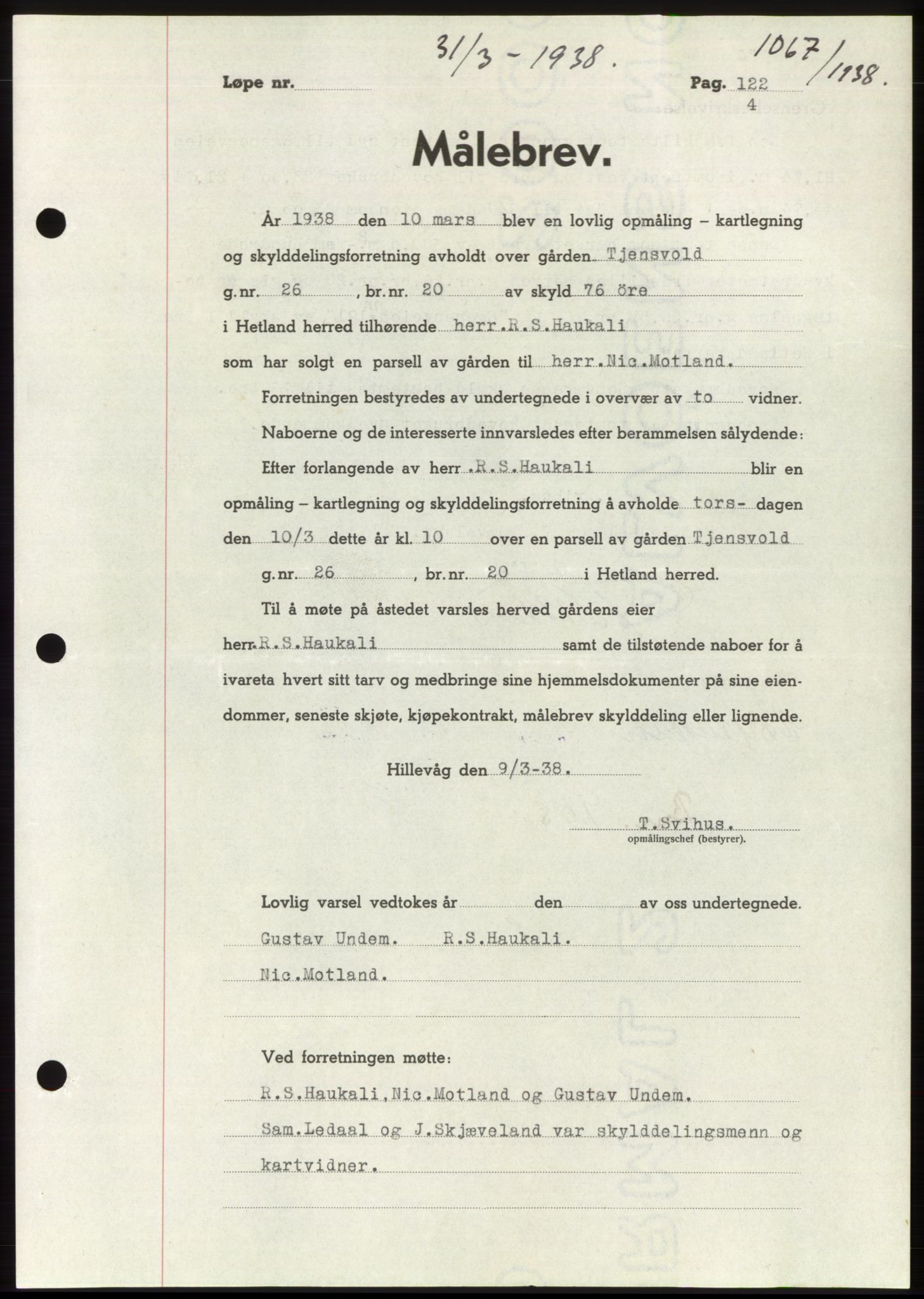 Jæren sorenskriveri, SAST/A-100310/03/G/Gba/L0070: Mortgage book, 1938-1938, Diary no: : 1067/1938
