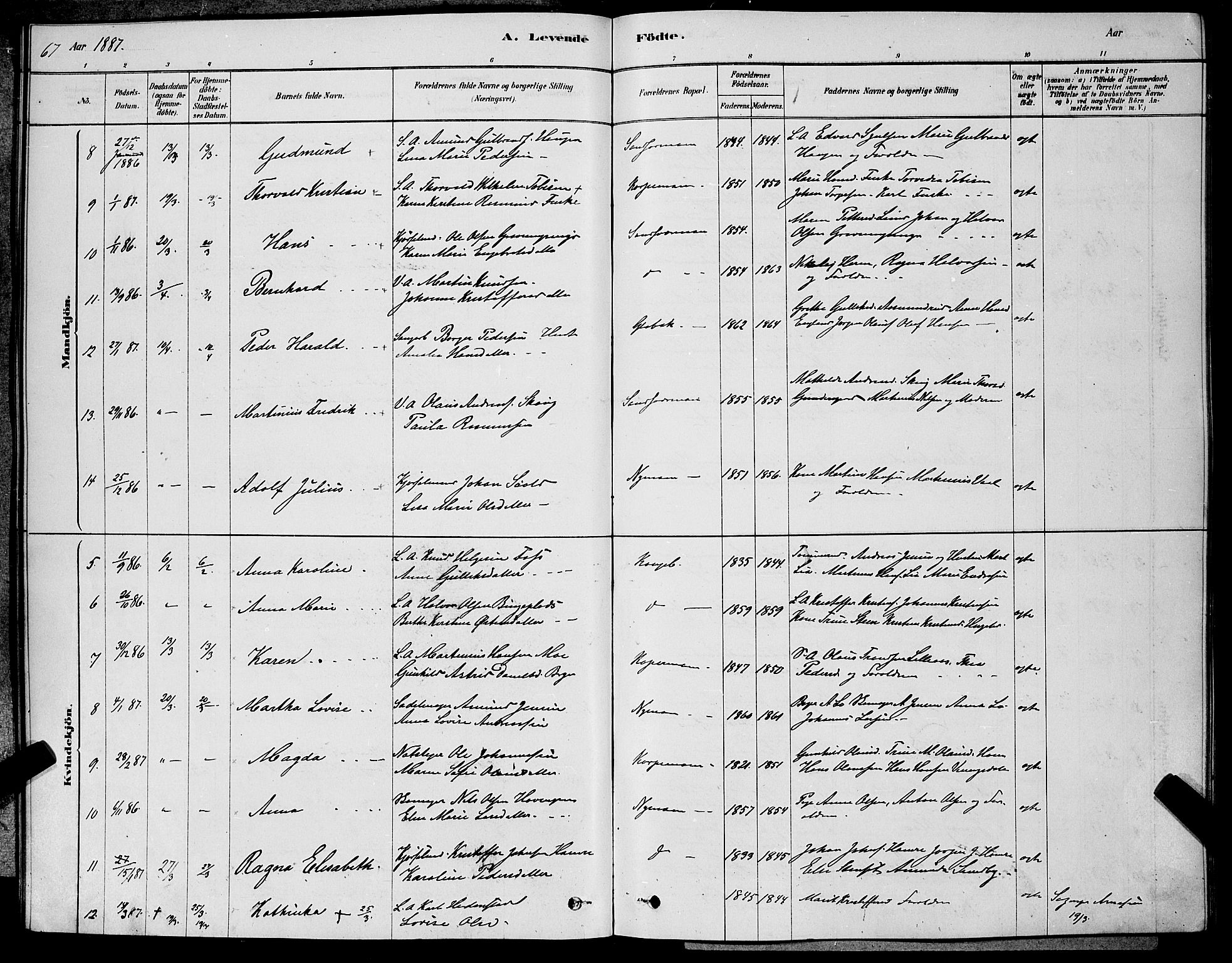 Kongsberg kirkebøker, SAKO/A-22/G/Ga/L0005: Parish register (copy) no. 5, 1878-1889, p. 67