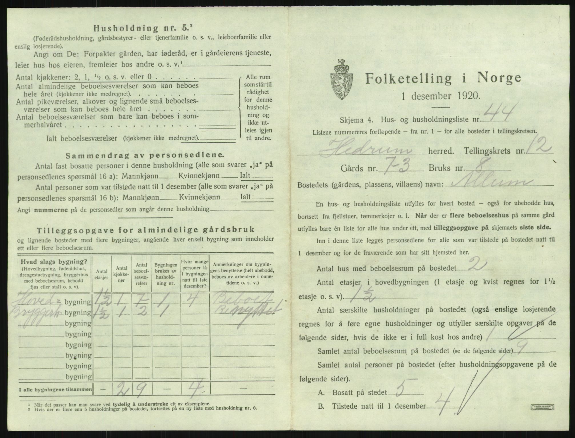 SAKO, 1920 census for Hedrum, 1920, p. 1165