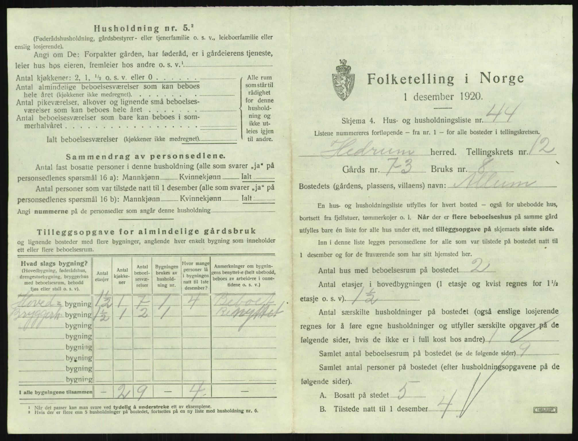 SAKO, 1920 census for Hedrum, 1920, p. 1165