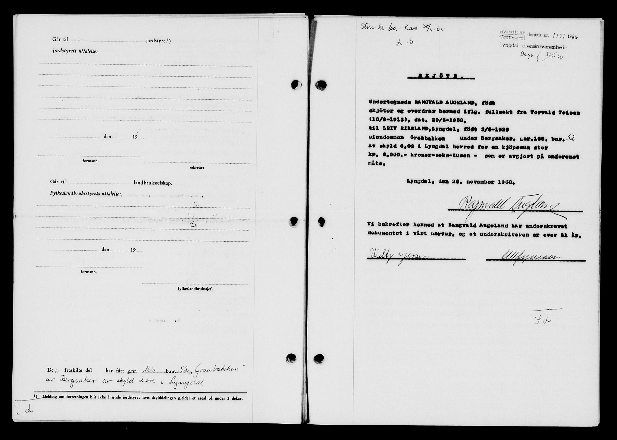 Lyngdal sorenskriveri, AV/SAK-1221-0004/G/Gb/L0680: Mortgage book no. A XXVI, 1960-1960, Diary no: : 1175/1960