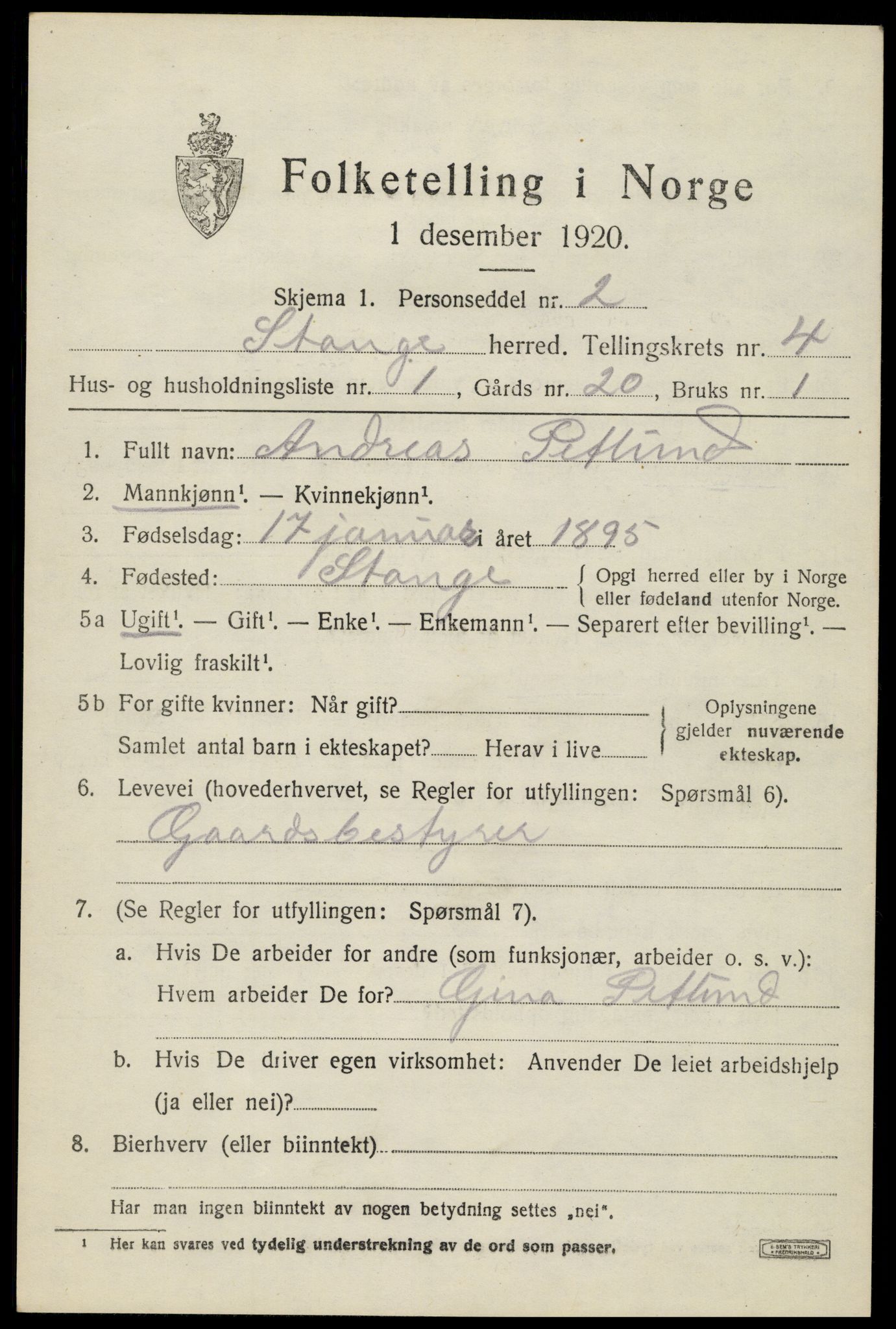 SAH, 1920 census for Stange, 1920, p. 6595