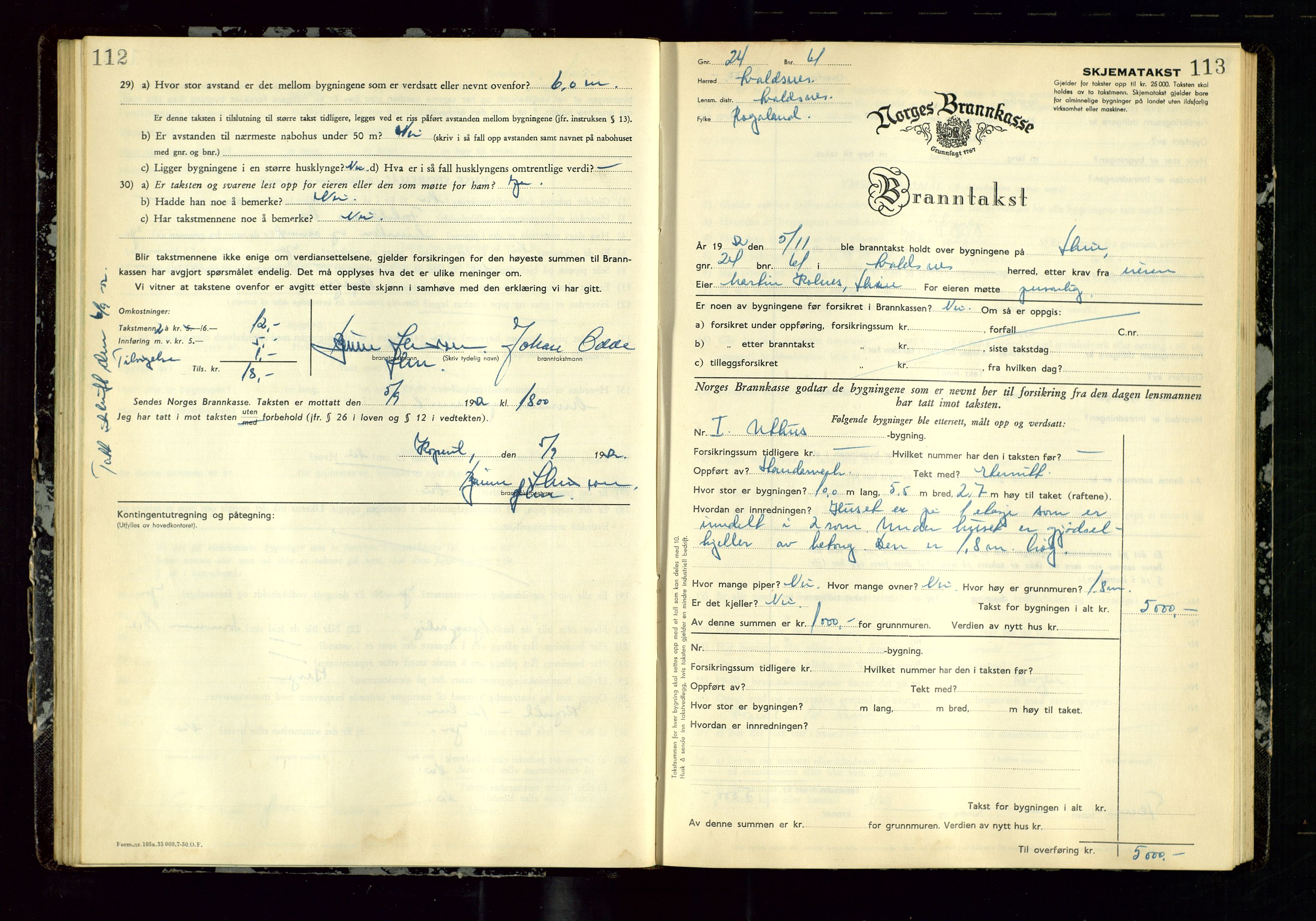 Avaldsnes lensmannskontor, AV/SAST-A-100286/Gob/L0003: "Branntakstprotokoll for Avaldsnes lensmannsdistrikt ", 1950-1952, p. 112-113