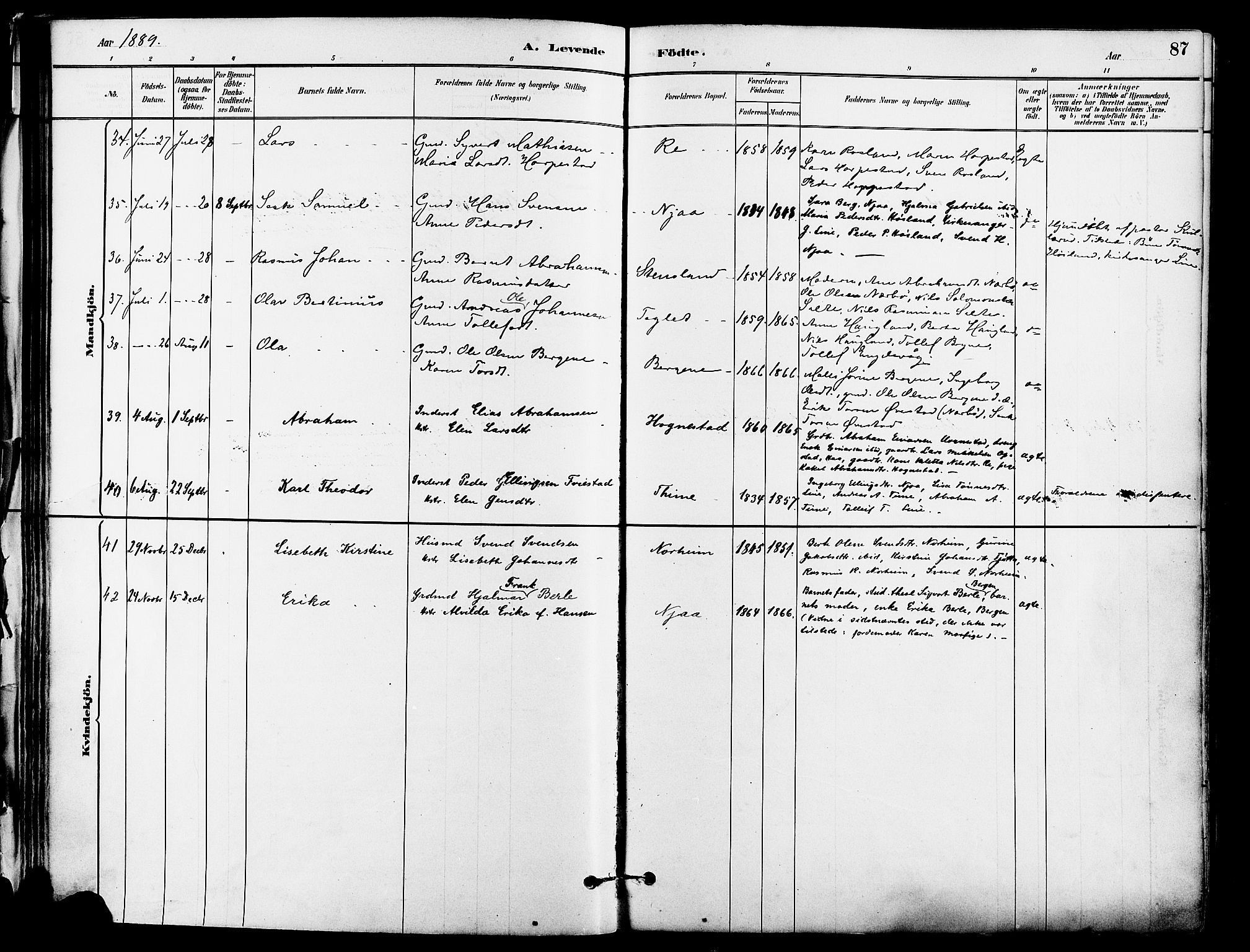 Lye sokneprestkontor, AV/SAST-A-101794/001/30BA/L0009: Parish register (official) no. A 8, 1881-1892, p. 87