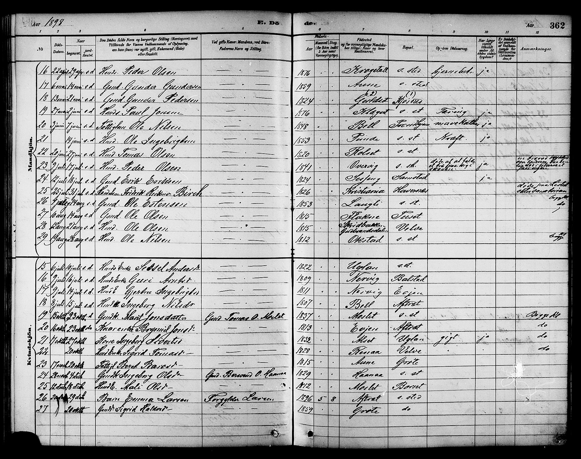 Ministerialprotokoller, klokkerbøker og fødselsregistre - Sør-Trøndelag, AV/SAT-A-1456/695/L1157: Parish register (copy) no. 695C08, 1889-1913, p. 362