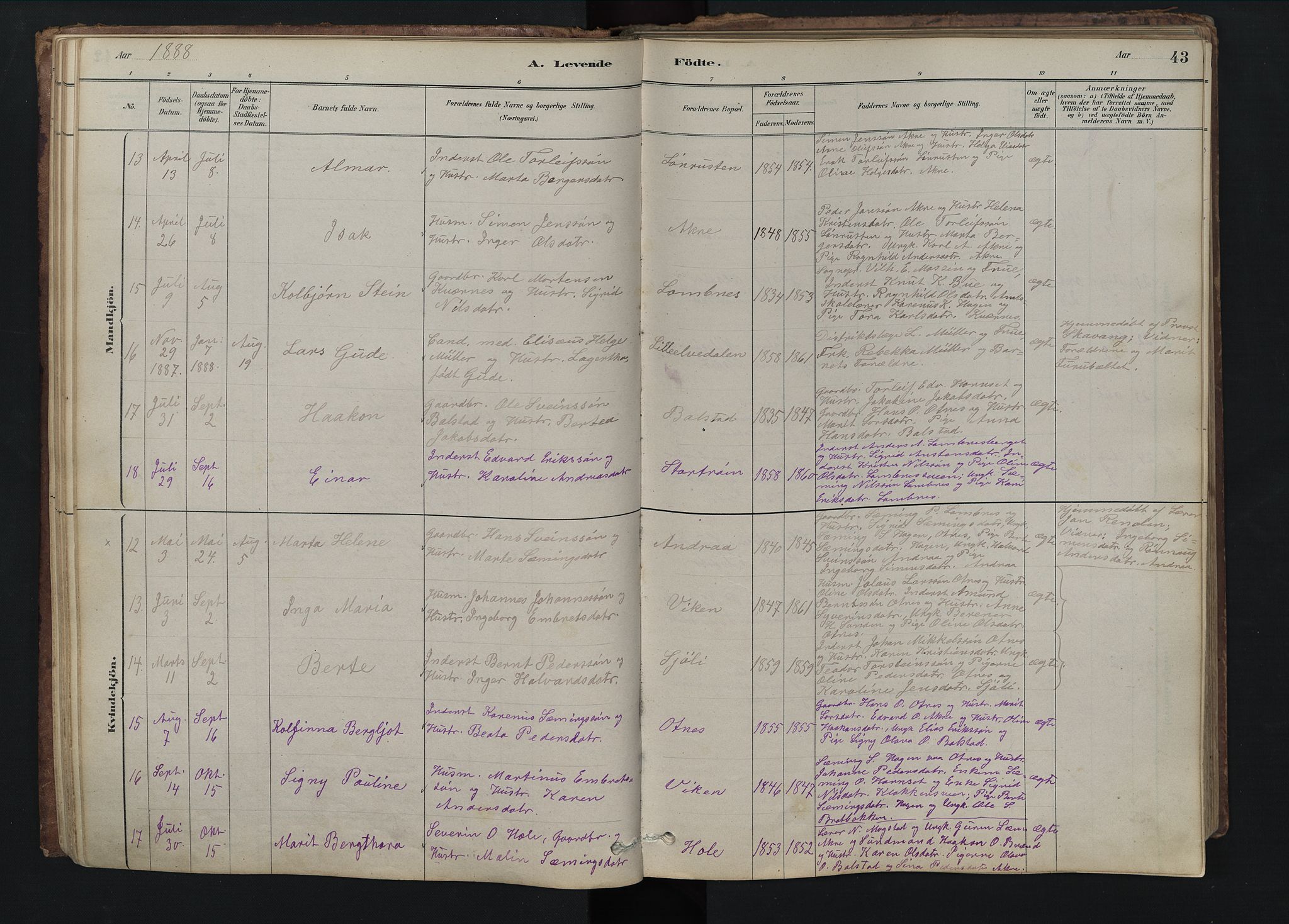 Rendalen prestekontor, SAH/PREST-054/H/Ha/Hab/L0009: Parish register (copy) no. 9, 1879-1902, p. 43