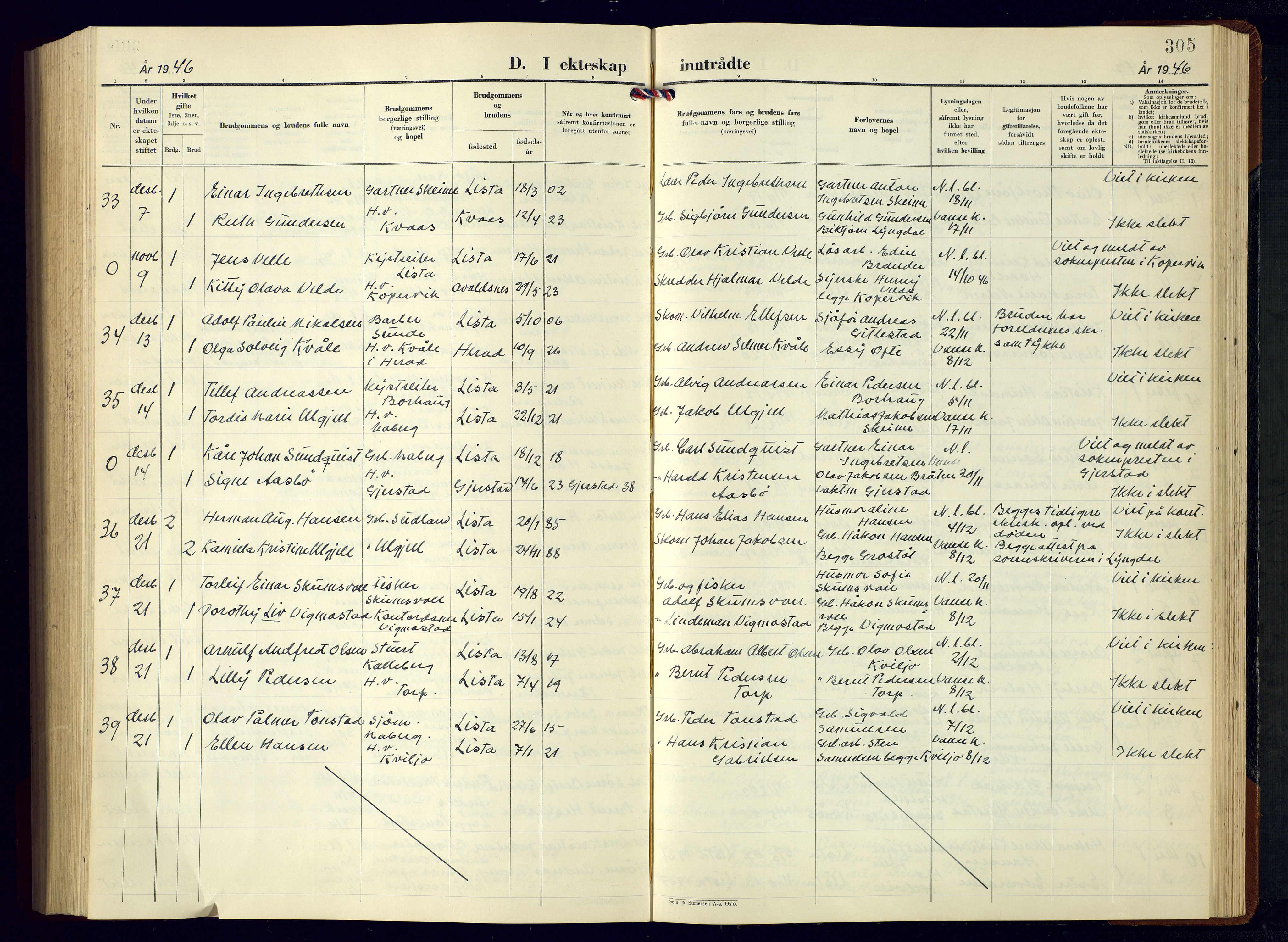 Lista sokneprestkontor, SAK/1111-0027/F/Fb/L0007: Parish register (copy) no. B 7, 1943-1970, p. 305