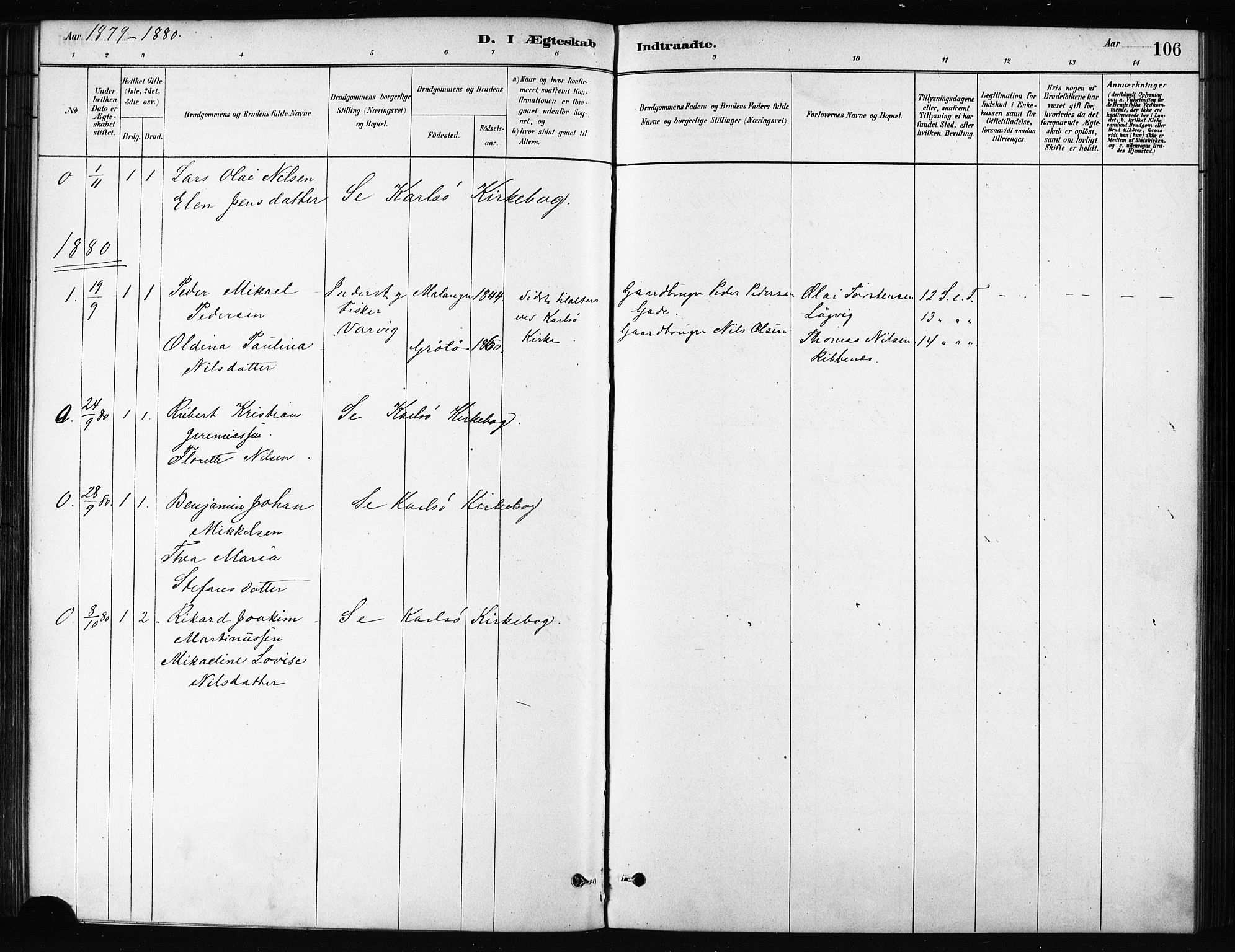 Karlsøy sokneprestembete, SATØ/S-1299/H/Ha/Haa/L0011kirke: Parish register (official) no. 11, 1879-1892, p. 106