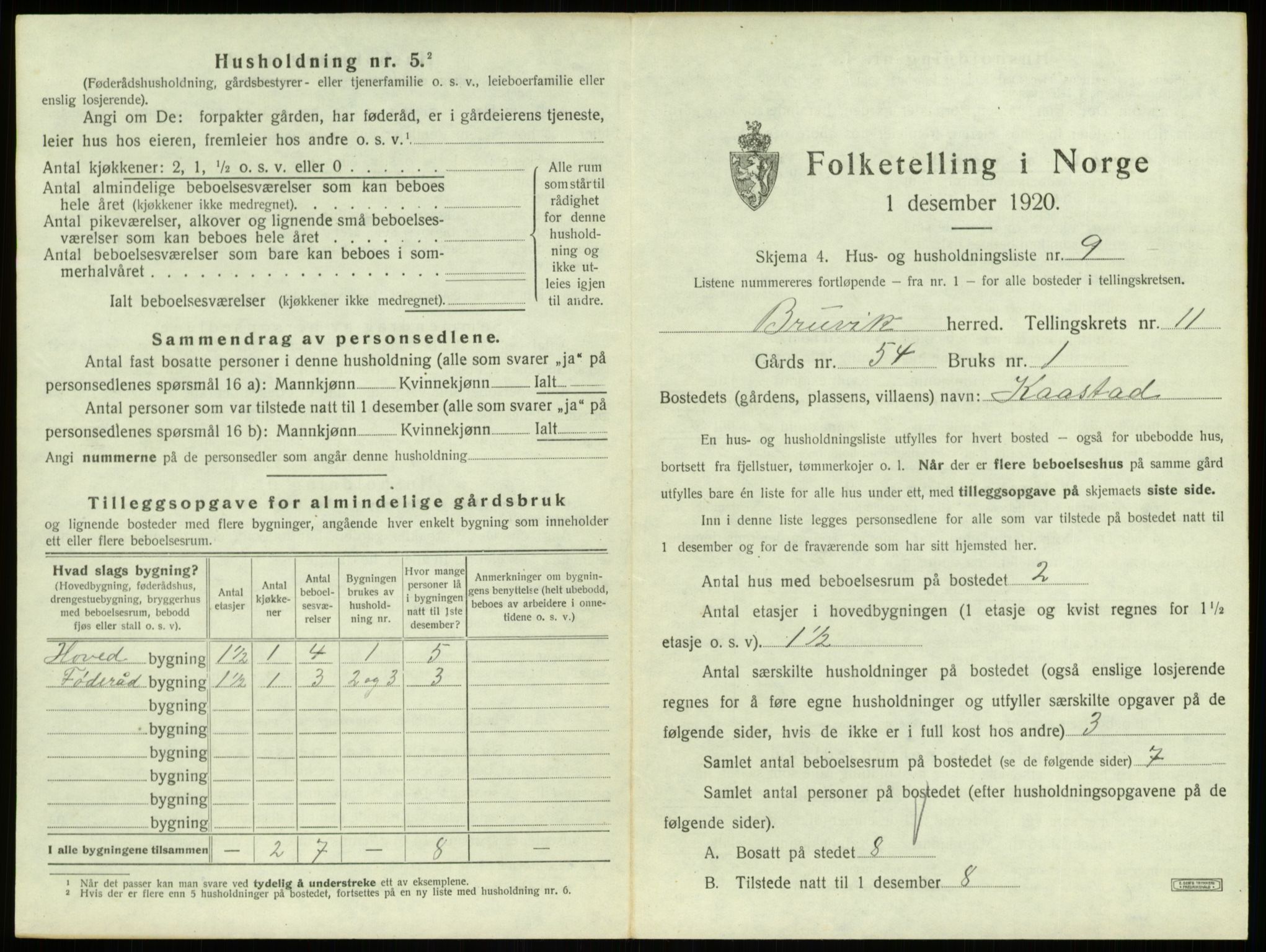 SAB, 1920 census for Bruvik, 1920, p. 839