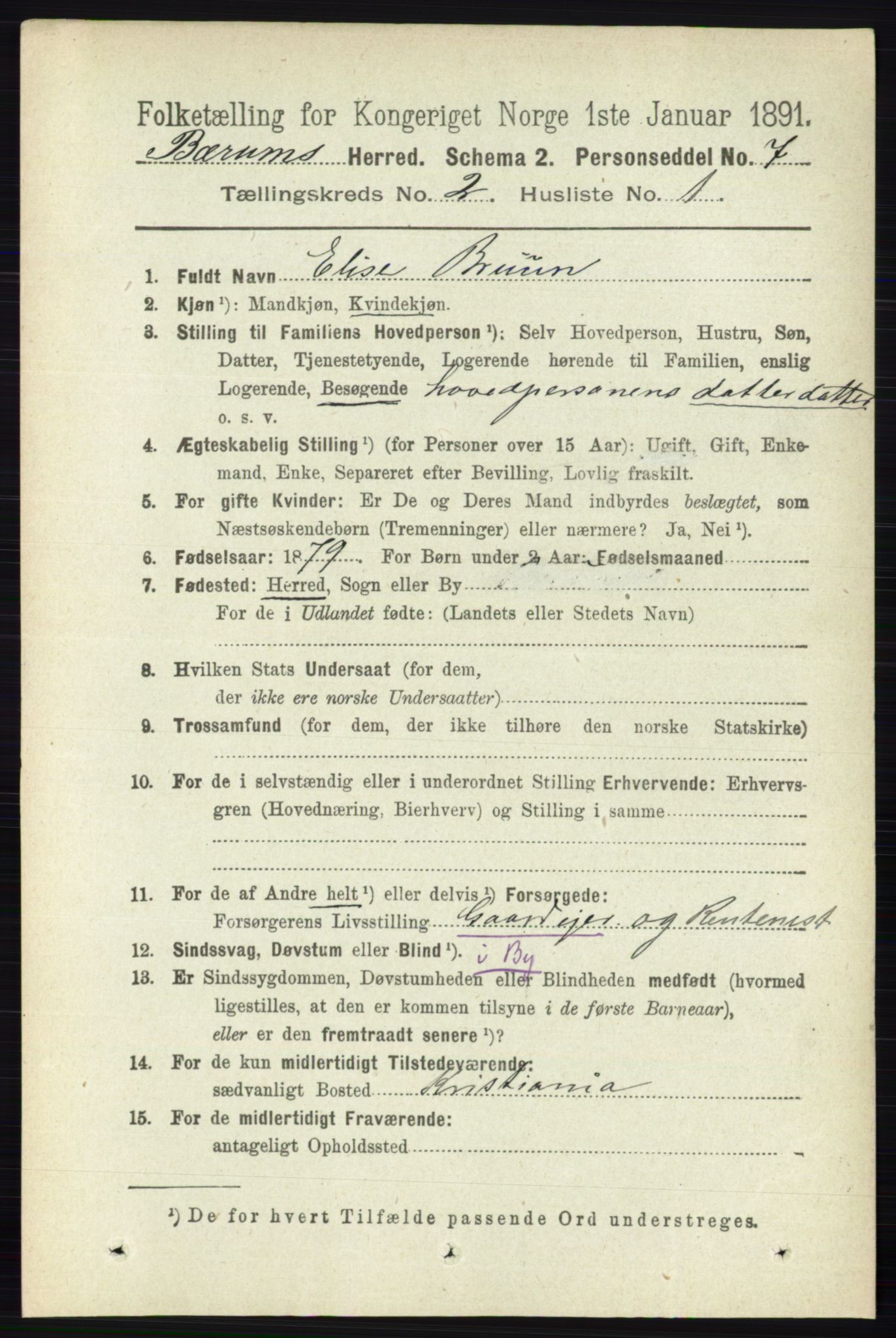 RA, 1891 census for 0219 Bærum, 1891, p. 1079