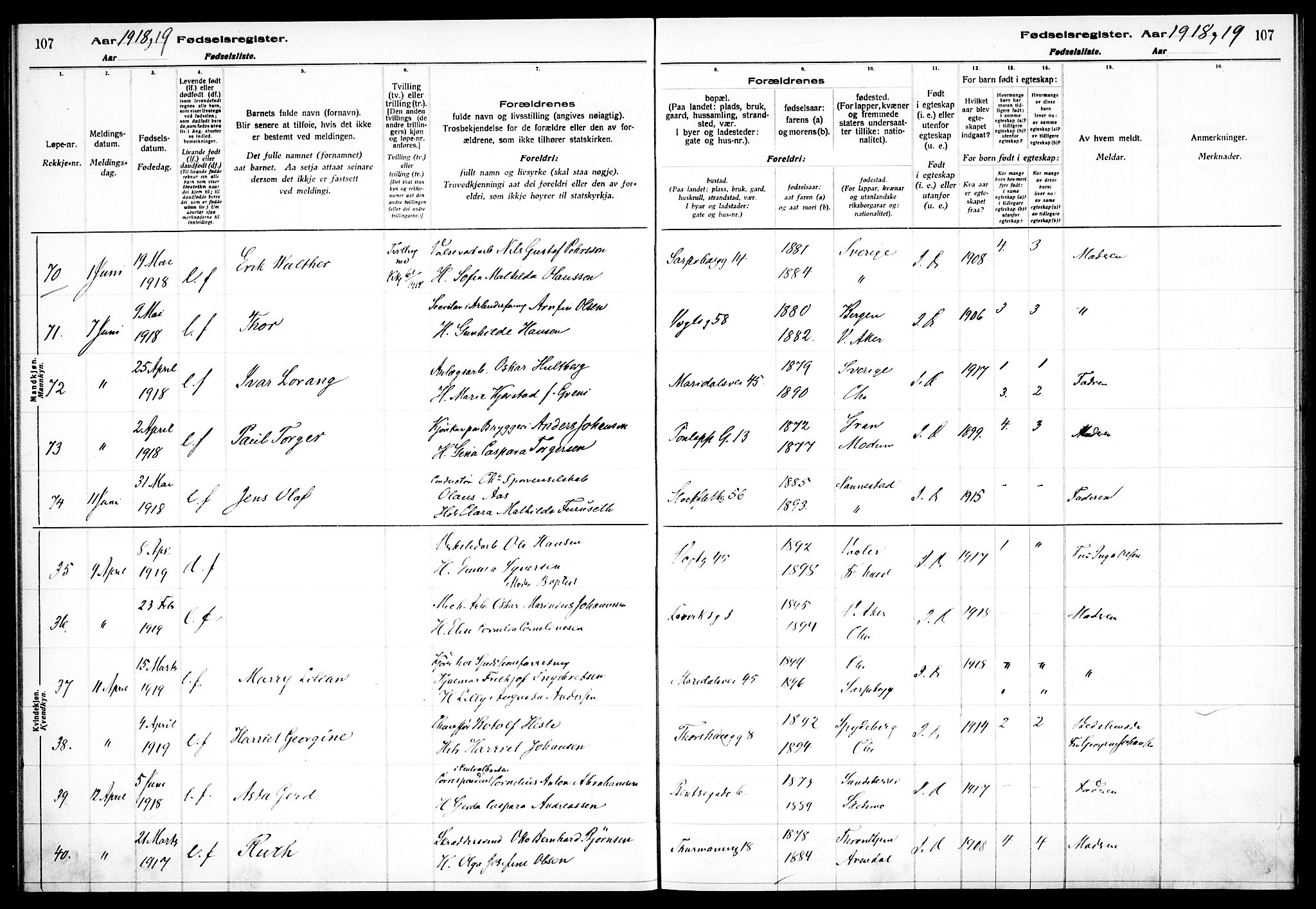 Sagene prestekontor Kirkebøker, AV/SAO-A-10796/J/L0001: Birth register no. 1, 1916-1920, p. 107