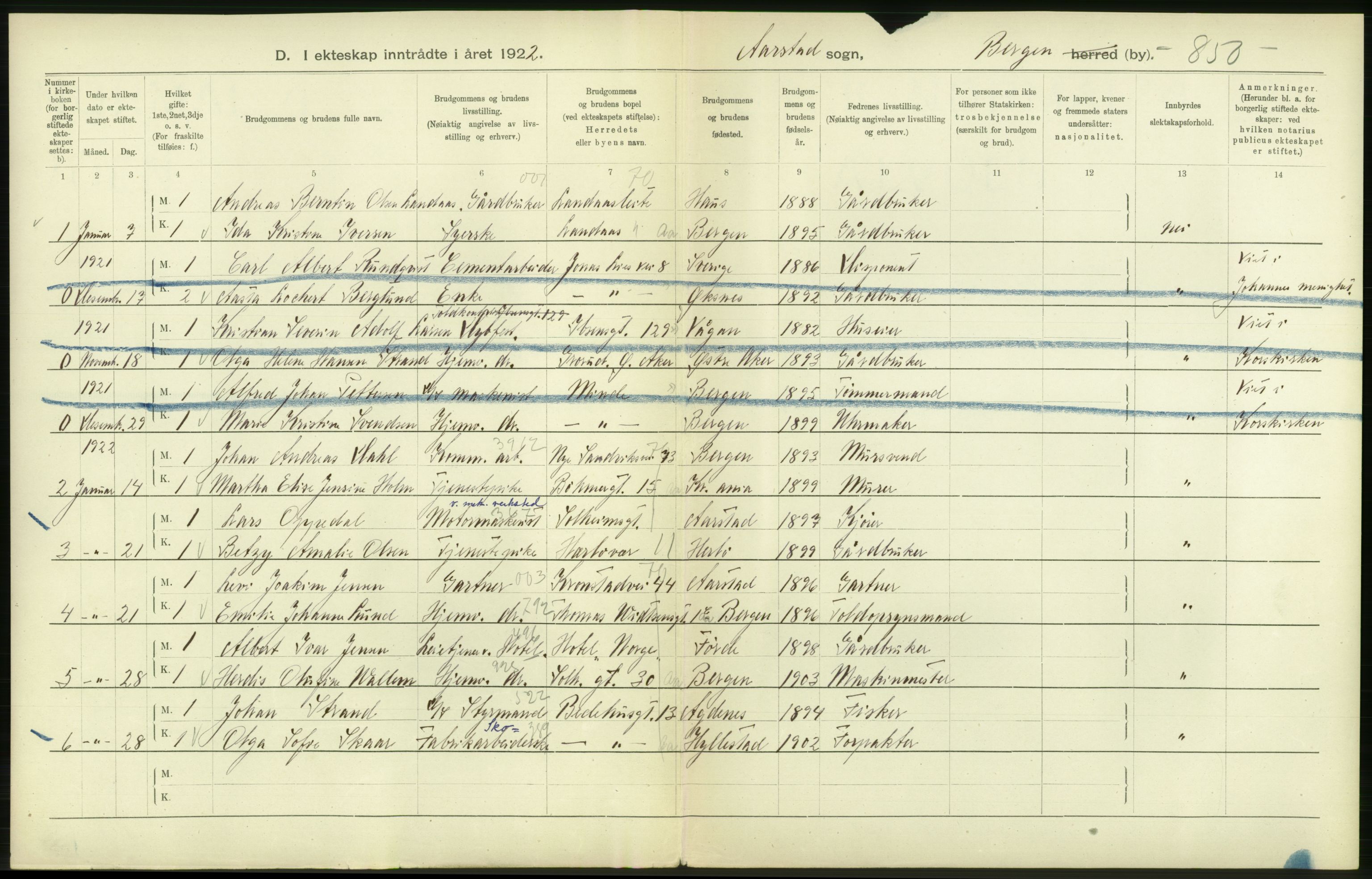 Statistisk sentralbyrå, Sosiodemografiske emner, Befolkning, AV/RA-S-2228/D/Df/Dfc/Dfcb/L0030: Bergen: Gifte, døde, dødfødte., 1922, p. 34