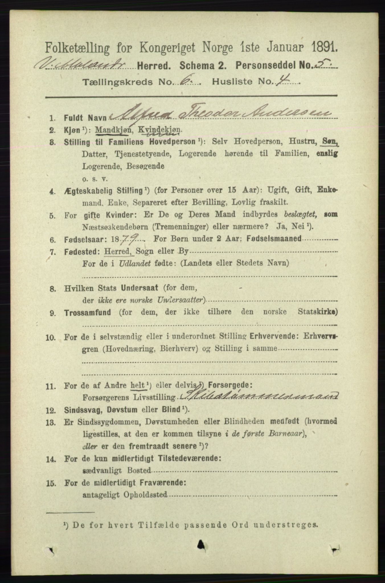 RA, 1891 census for 0926 Vestre Moland, 1891, p. 2366