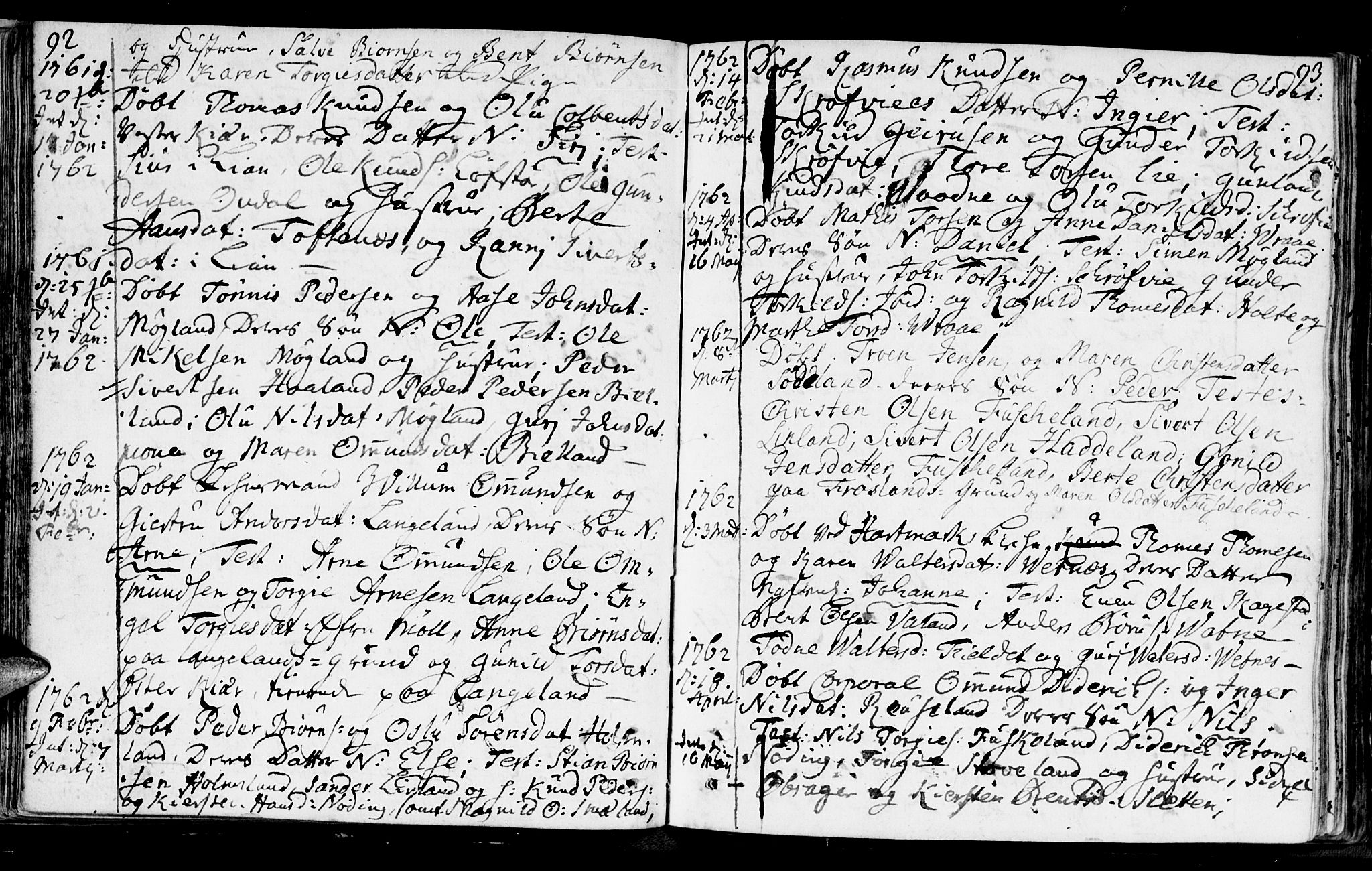 Holum sokneprestkontor, SAK/1111-0022/F/Fa/Faa/L0002: Parish register (official) no. A 2, 1756-1780, p. 92-93